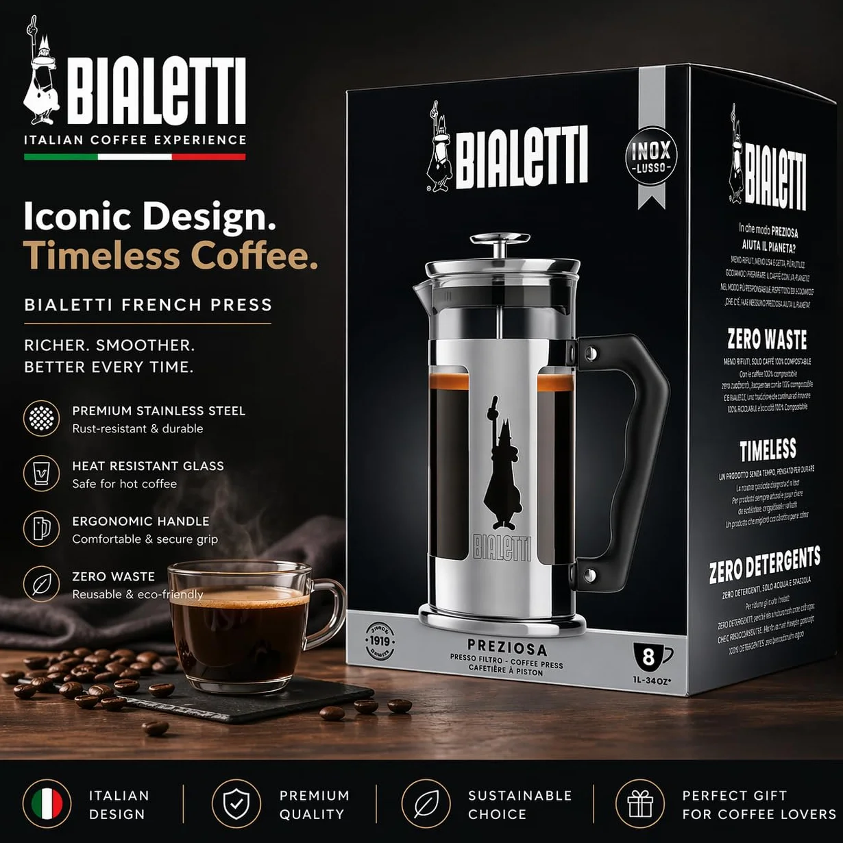 Bialetti Zaparzacz do Kawy, Czarny/Srebrny, 1 l