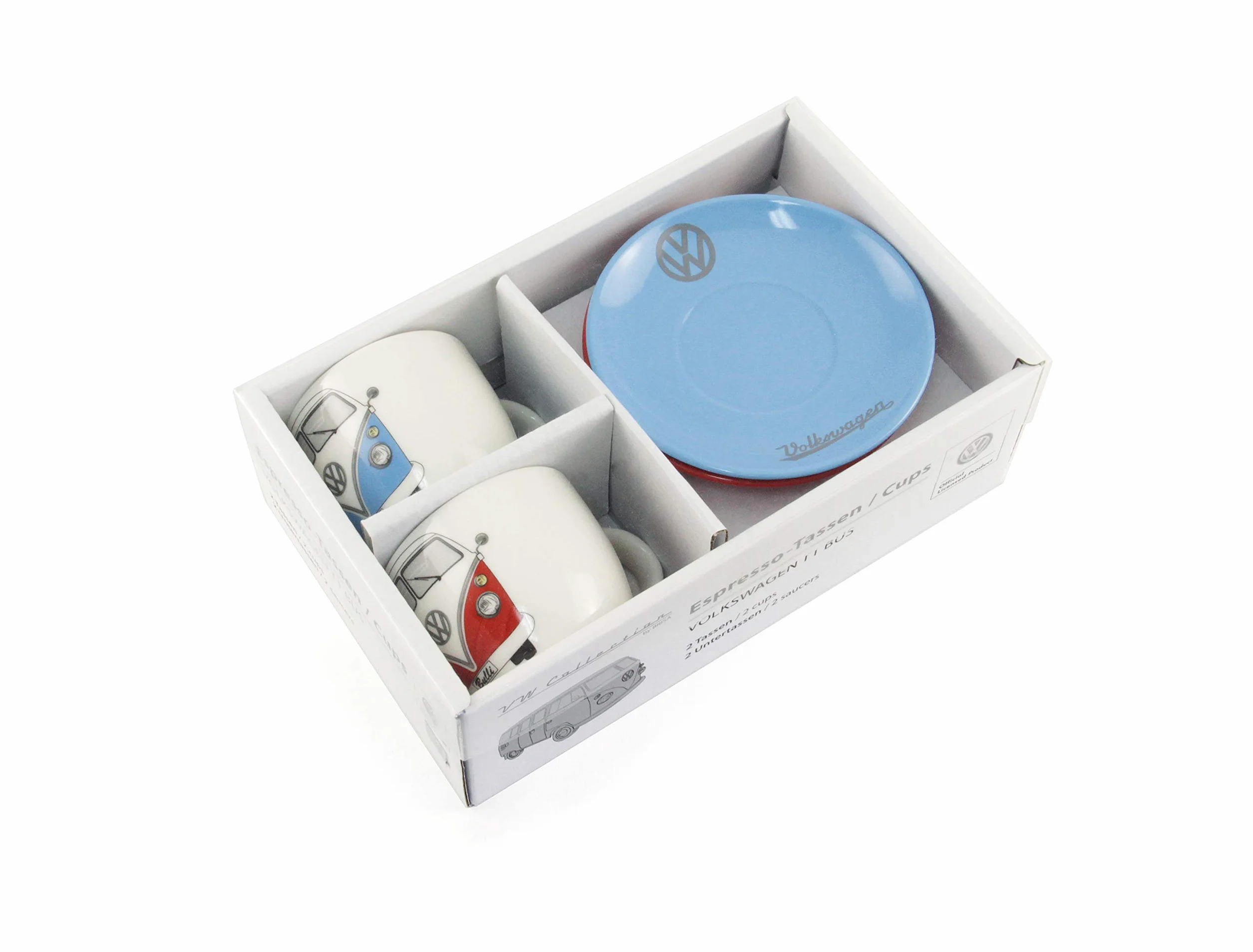 BRISA VW Collection – Volkswagen 2-częściowy zestaw ceramicznych filiżanek do espresso ze spodkami T1 Bulli Bus (100 ml/przód/czerwony i niebieski)