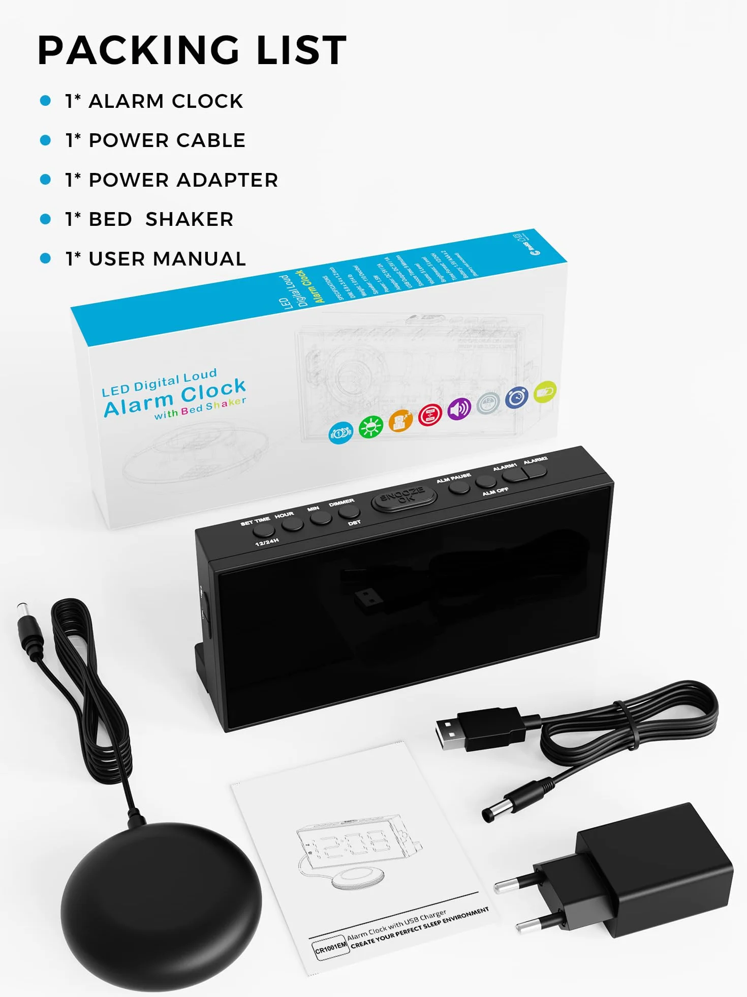 Mesqool Głośny budzik wibracyjny z funkcją spania dla niesłyszących, podwójny alarm, USB, duży wyświetlacz, 12/24h