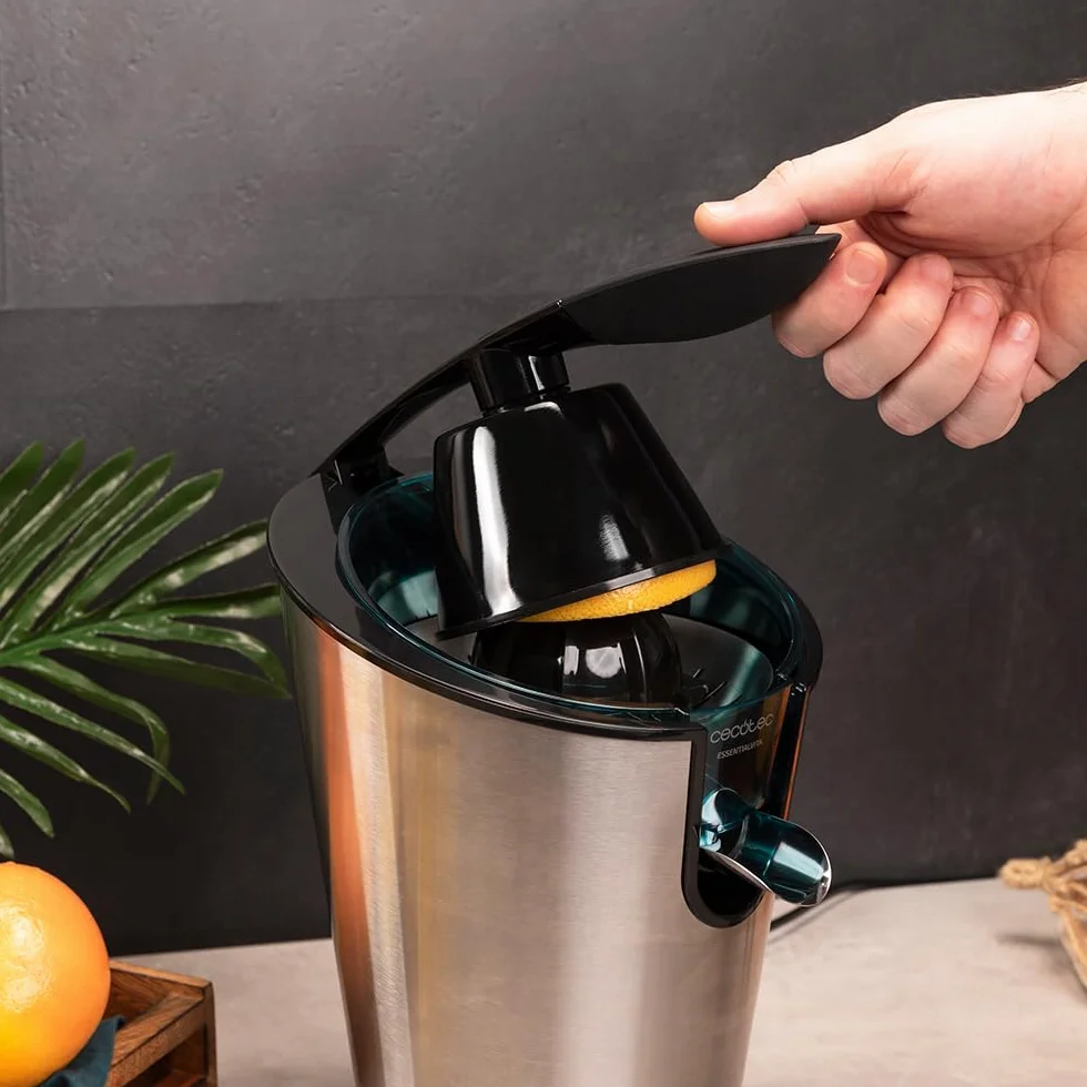 Cecotec Elektryczna wyciskarka do cytrusów do pomarańczy EssentialVita PowerFresh 1000 Inox, 1000 W, filtr nierdzewny, zdejmowany stożek, dźwignia naciskowa, system zatrzymania kapania, łatwa do