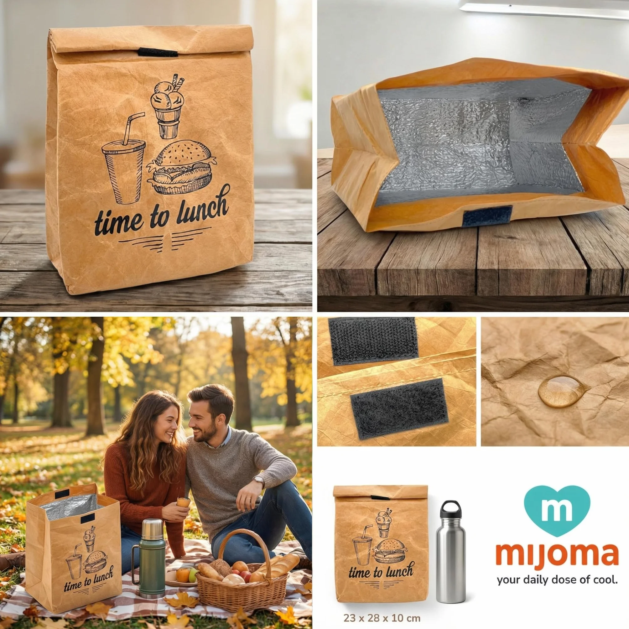MIJOMA Torba na lunch, torba śniadaniowa, brązowa, izolowana na zimno lub ciepło, torba chłodząca z zapięciem na rzepy, torba termiczna wielokrotnego użytku, odporna na działanie wody (Time to Lunch)