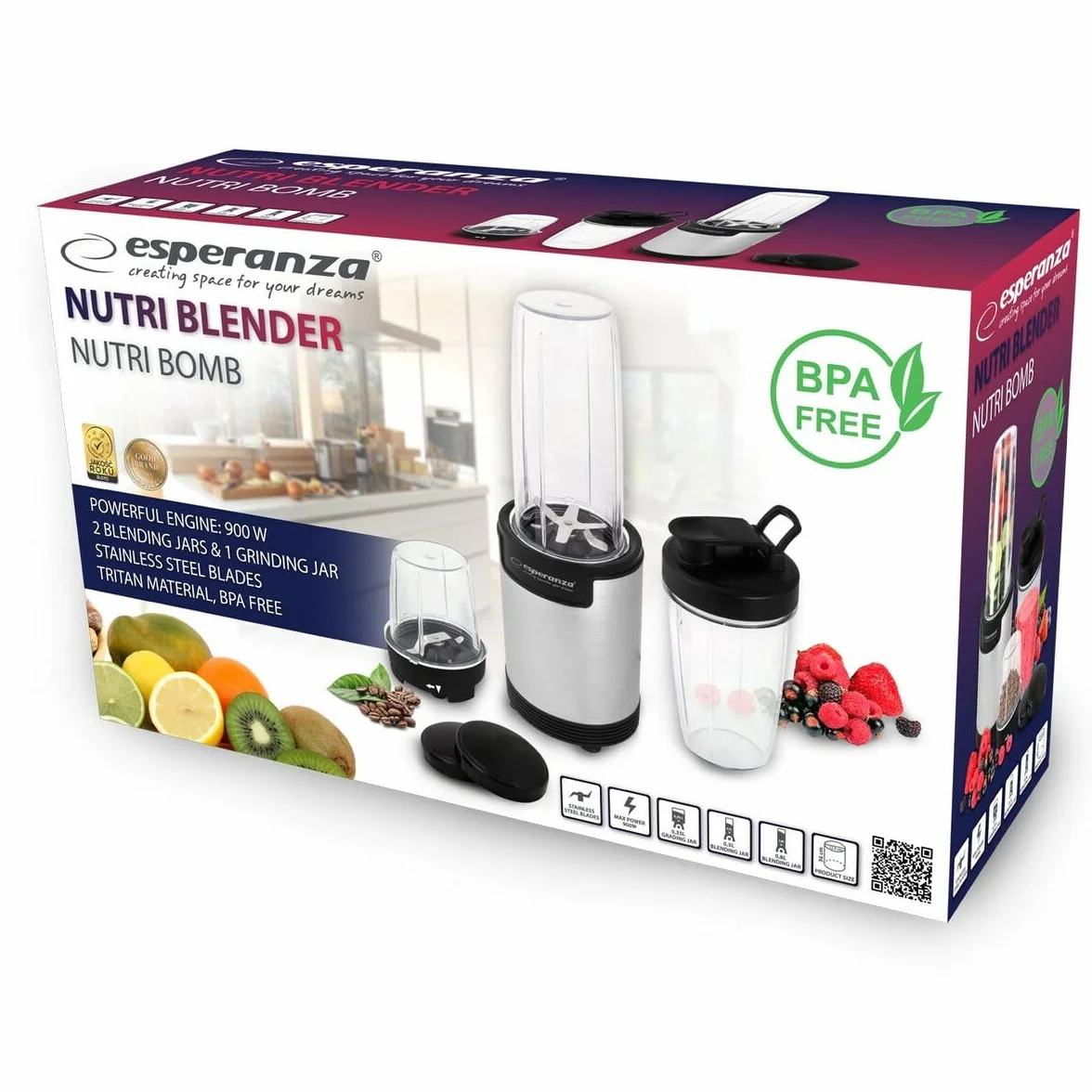 Esperanza EKM030 Nutri Blender/Osobisty Blender 9w1 900W Srebrny