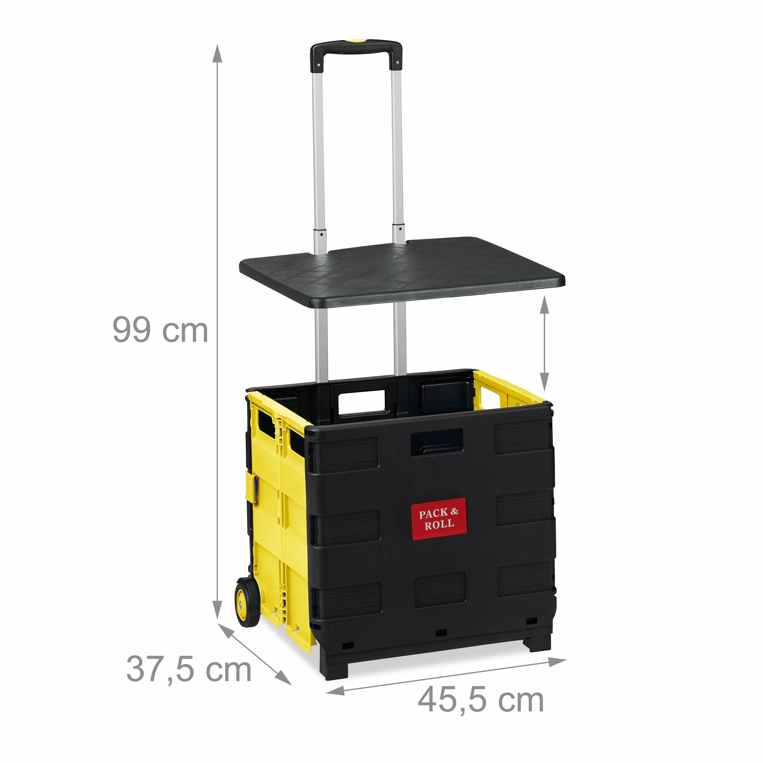 Relaxdays Wózek na zakupy składany, do 35 kg, skrzynia 50 l, z uchwytem teleskopowym, 2 kółka, wózek transportowy, żółty/czarny
