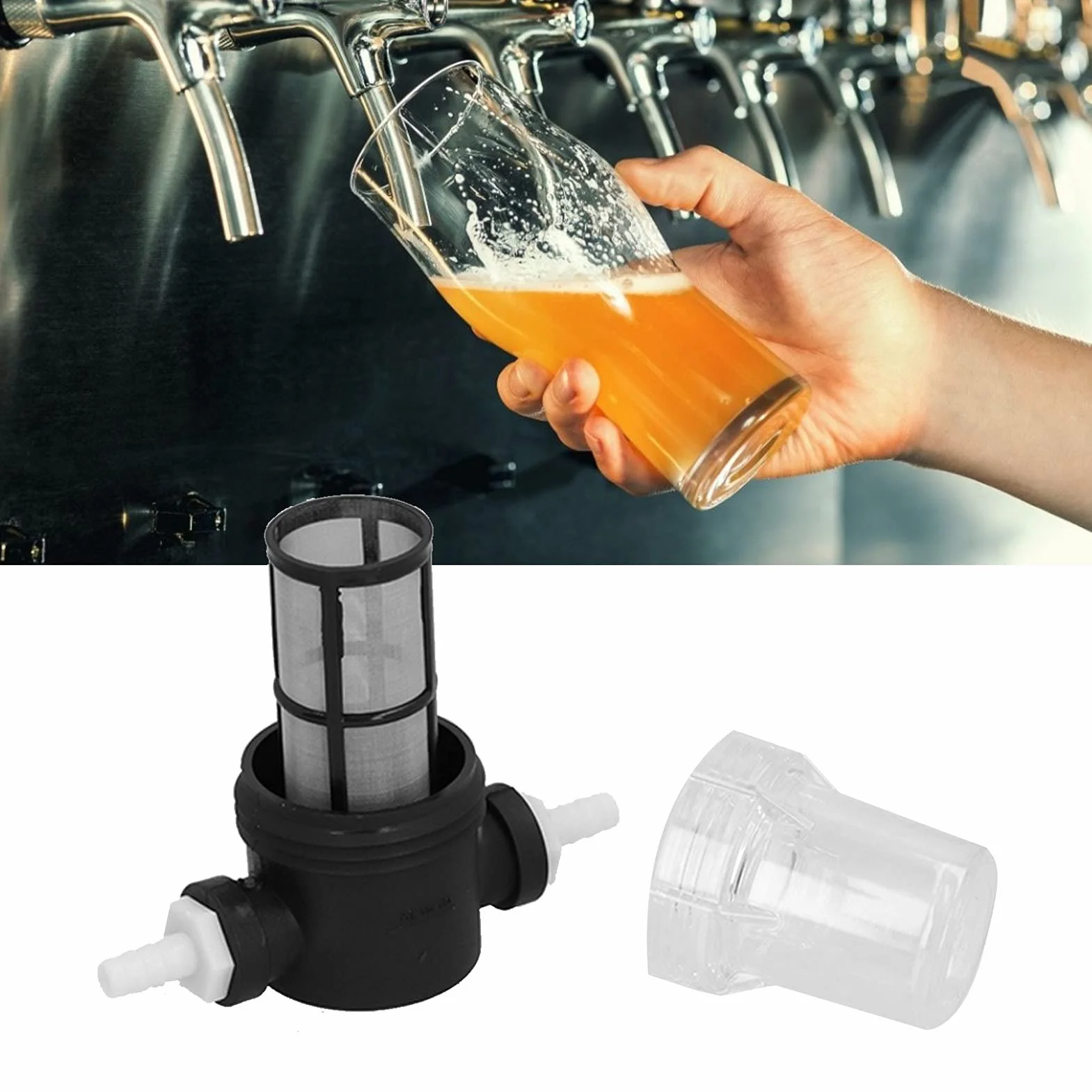 Filtr Siatkowy 3/8" z Króćcem Węża, Profesjonalny Filtr Siatkowy do Wody z Sitem 150 Mikronów / 100 Mesh, Plastikowy Filtr T-Sitko do Piwa 150 Psi do Domowego Warzenia, System Filtrowania Wody i Piwa