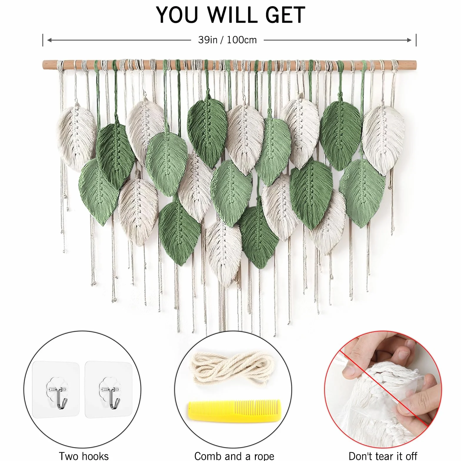 Weldomcor Makrama wisząca na ścianę, duży tkany gobelin, wisząca na ścianie, makrama boho, dekoracja ścienna z liśćmi, ozdoba z piórami, elegancka sztuka tkana, dekoracja do sypialni, salonu (D)