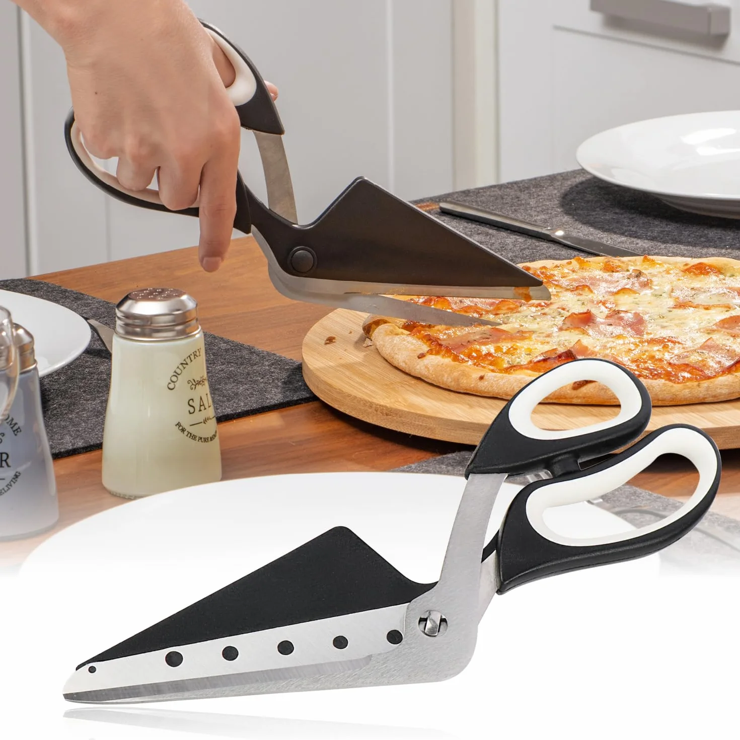 COM-FOUR® Nozyczki do pizzy z powierzchnia do serwowania, nozem do pizzy z ostrzami ze stali nierdzewnej i zintegrowana lopata do pizzy (1x nozyczki do pizzy 27 cm)