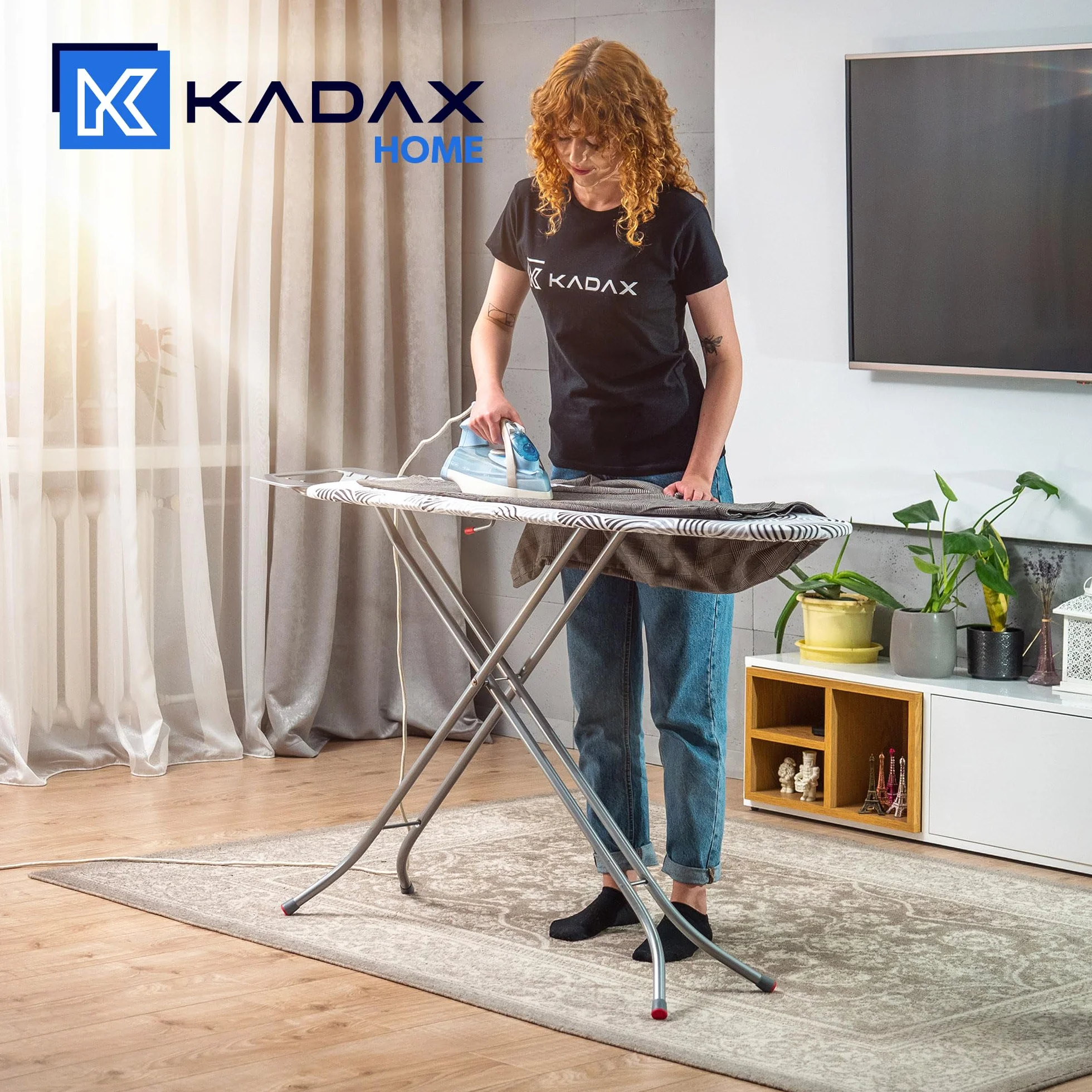 KADAX Deska do prasowania 114 x 34 cm do żelazek parowych z półką na żelazko i 5 mm podkładem, metalowa siatka odprowadza parę, antypoślizgowe stopki zapobiegają przesuwaniu