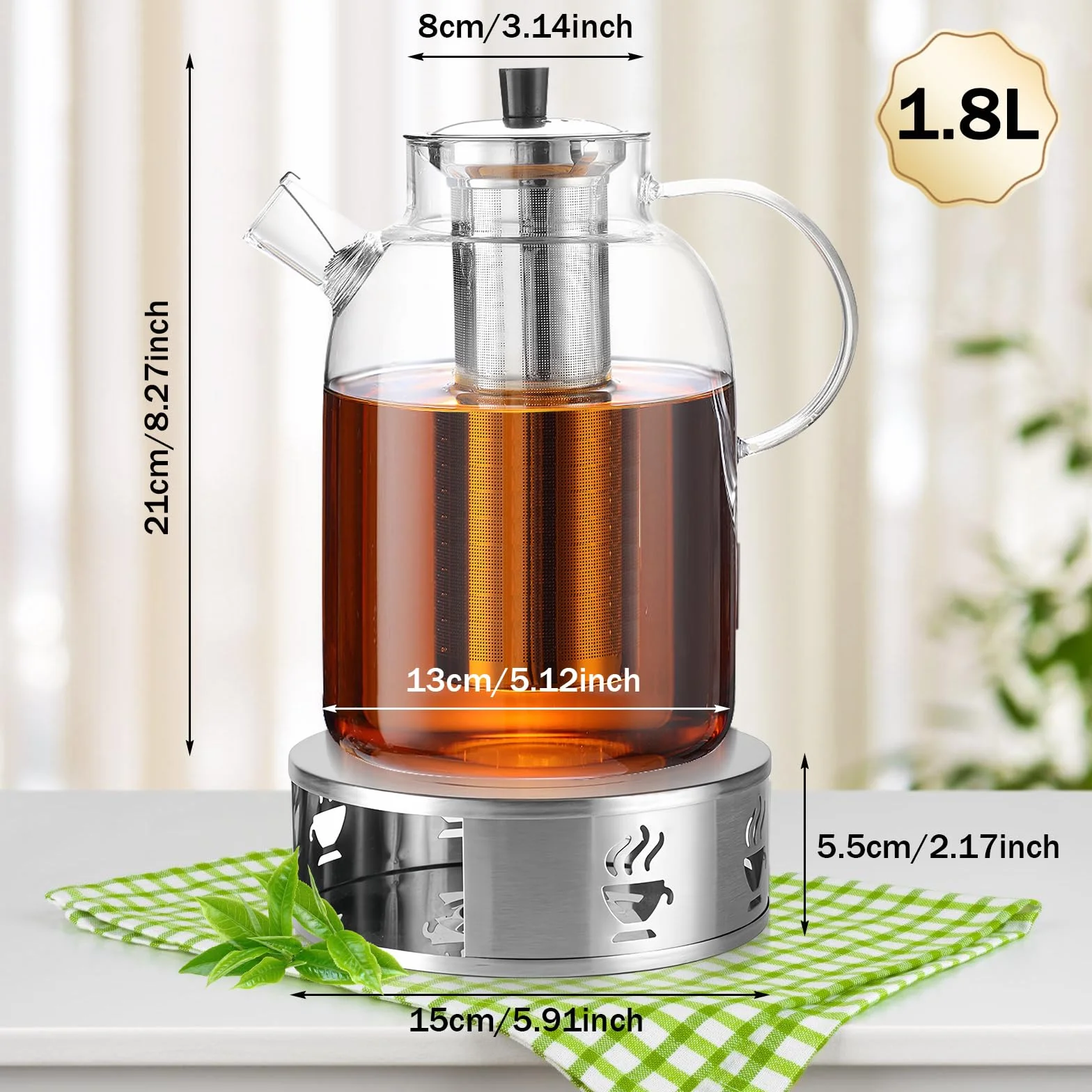 BAIFULAI Czajniczek ze szkła borokrzemowego 1,8 l, stal nierdzewna, filtr do herbaty