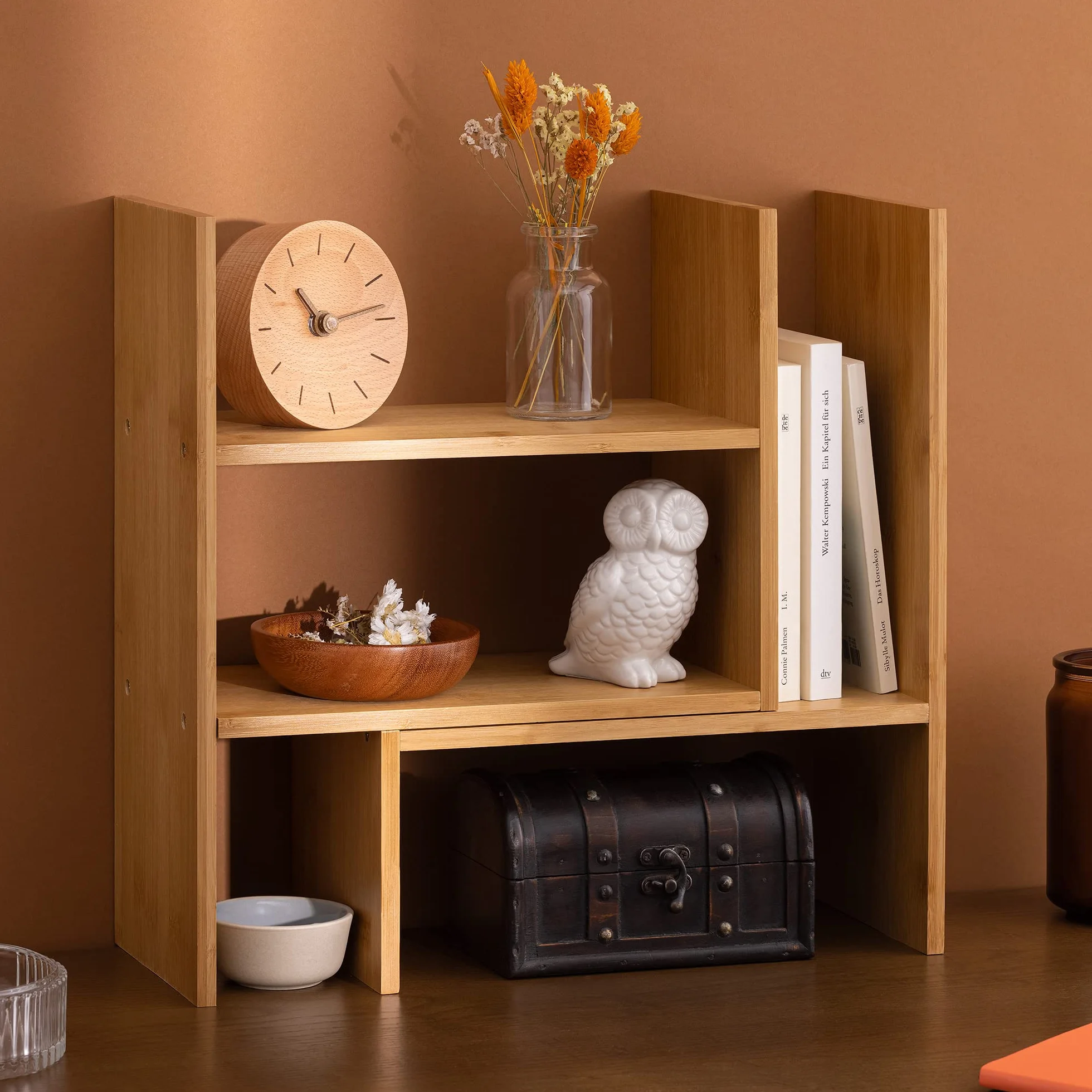 Navaris Bambusowy organizer na biurko, 51 x 15,5 x 40 cm, regulowany system porządkowania – regał narożny do kuchni, biura, łazienki, nadstawka regału