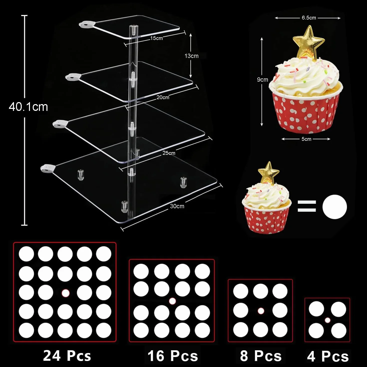 Akrylowy stojak na babeczki LED 4-poziomowy ładowalny 15-30 cm