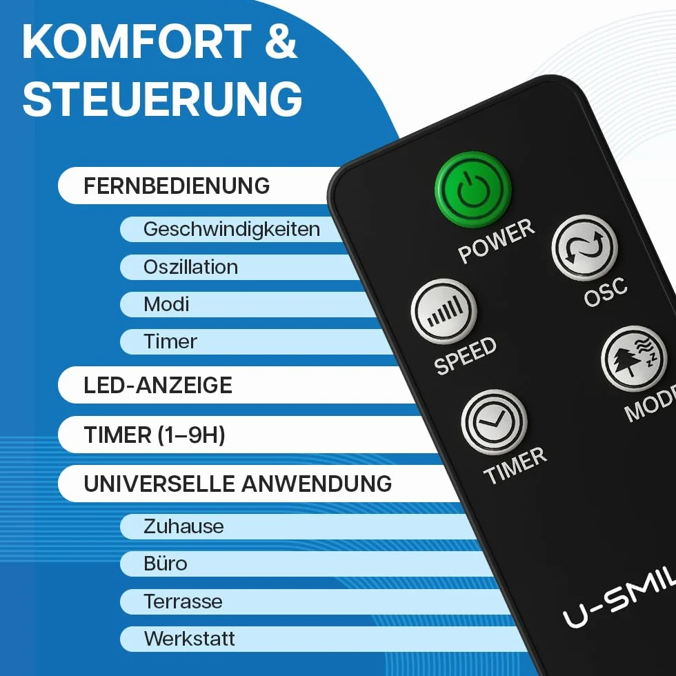 Wentylator Kolumnowy 45W z Pilotem 101 cm Oscylacja 90° LED 3 Tryby Timer Czarny