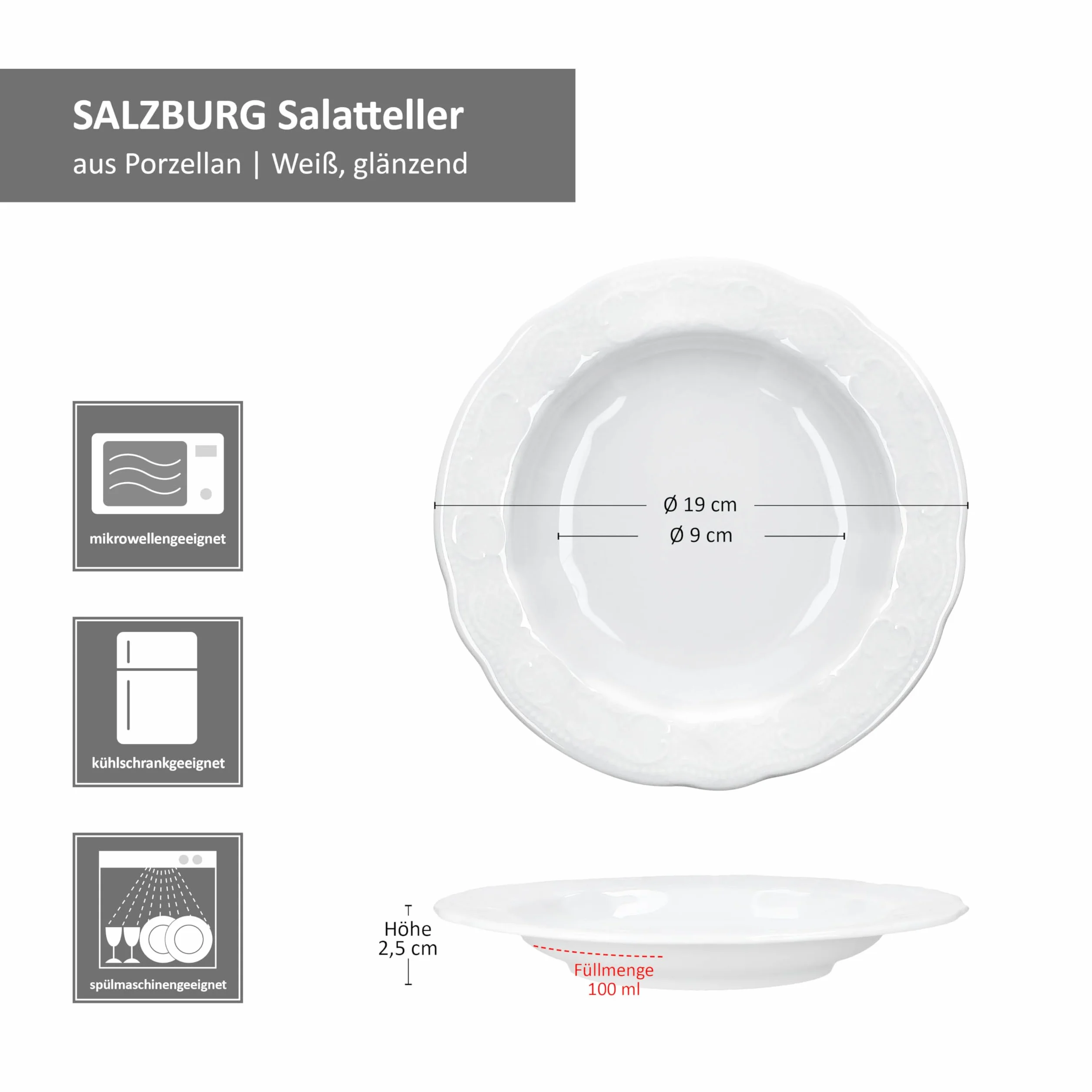 Seltmann Weiden Salzburg 6-częściowy zestaw talerzy do sałatek, 100 ml, białe, głębokie talerze porcelanowe z reliefem dla 6 osób, talerze do zupy, makaronu itp.