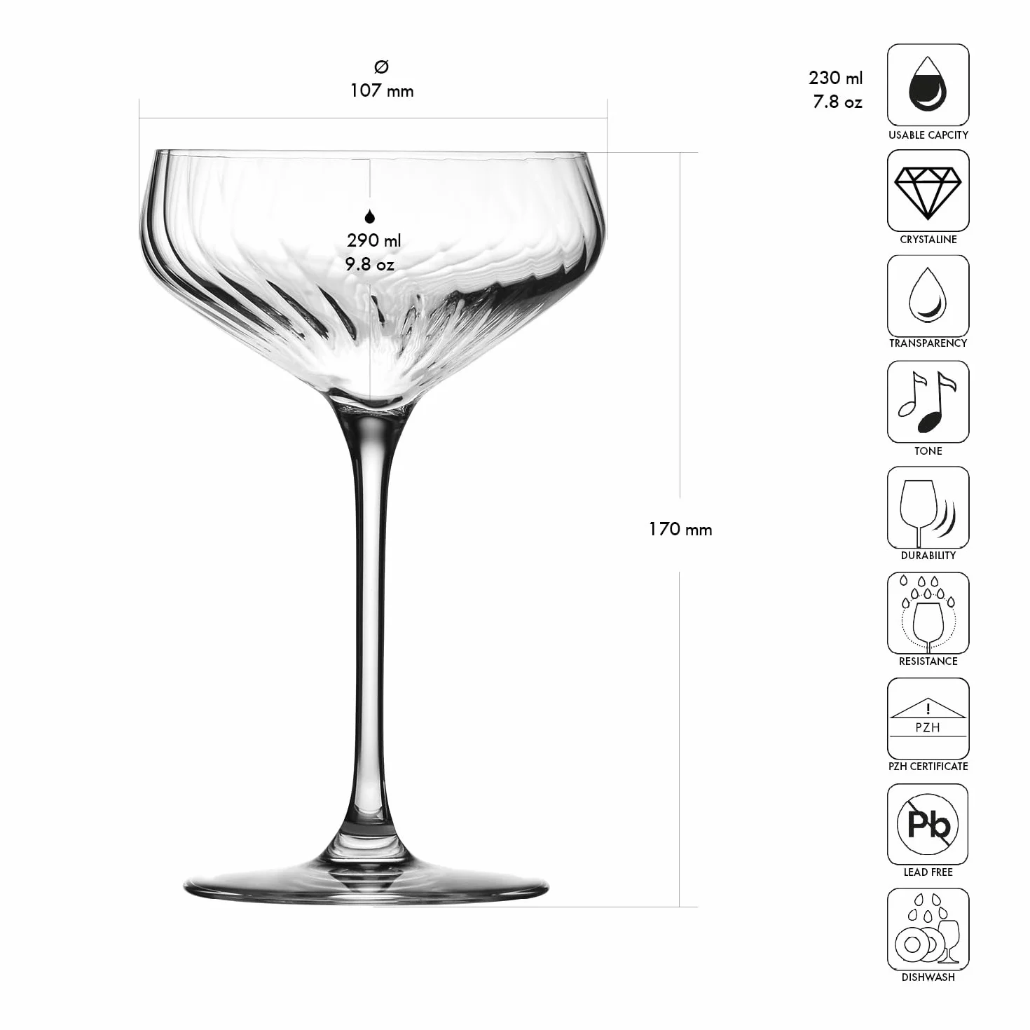 KROSNO Avant-Garde LUMI Kieliszki do Martini i Koktajli 290 ml Zestaw 6 szt – Szkło Kryształowe Bezołowiowe, Eleganckie Kieliszki do Margarita, Daiquiri, Espresso Martini, Do Zmywarki