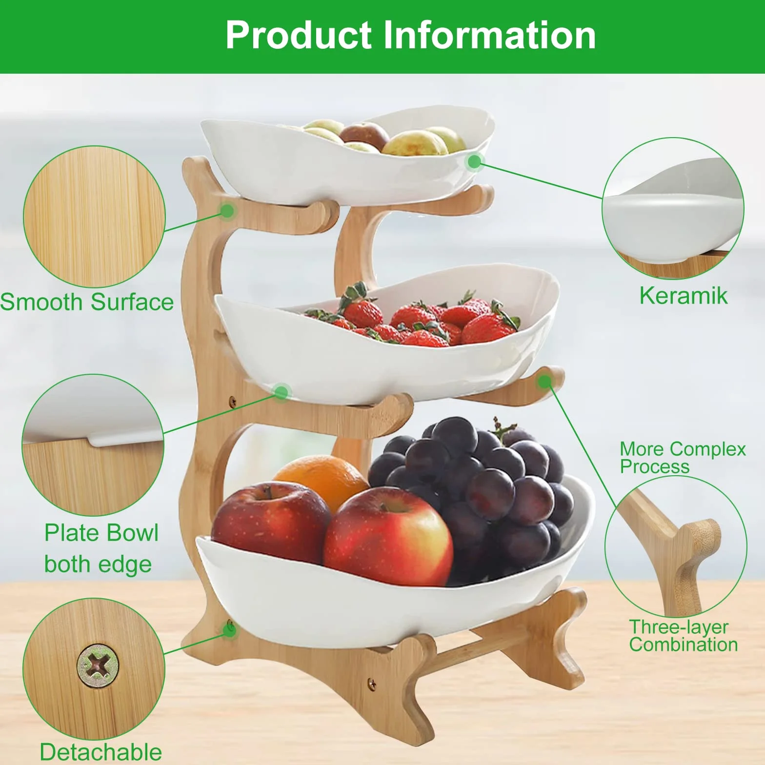 Etażerka na owoce, ceramiczna, 3-poziomowa, porcelanowa, 3 poziomy, z naturalnym stojakiem bambusowym, talerz do serwowania owoców, ciast, słodyczy
