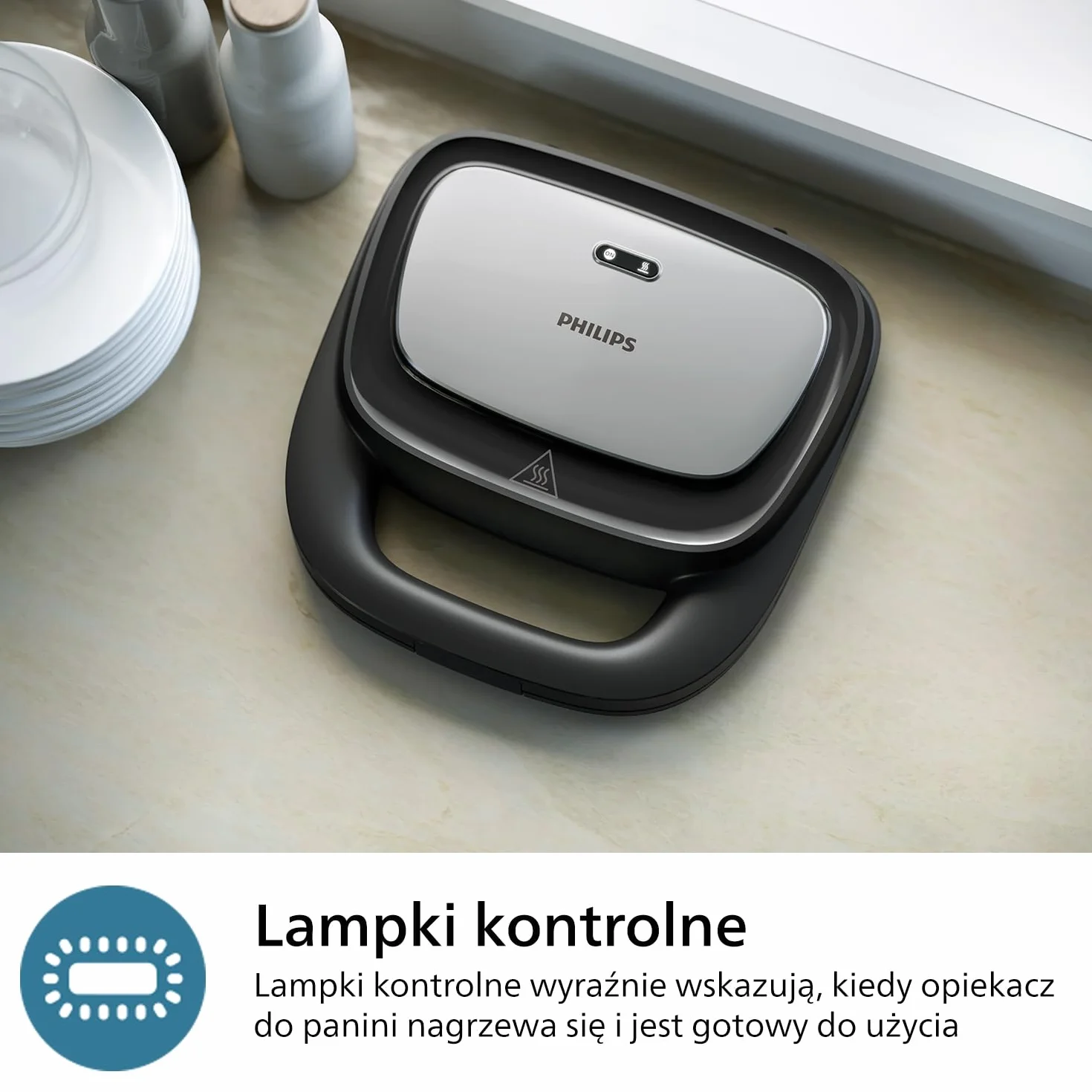Philips Opiekacz do kanapek z serii 5000 – 3 zestawy płyt do panini, tostów i gofrów, Nieprzywierające płyty grillowe, Szczelnie zamykane płytki, Moc 750 W, Czarny (HD2350/80)