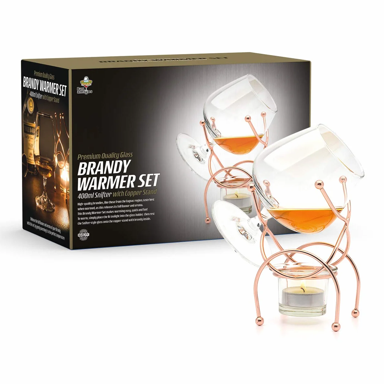 Bar Amigos Brandy & Cognac Snifter podgrzewacz szkło stojak zestaw upominkowy ze świeczką miedziany uchwyt miedź