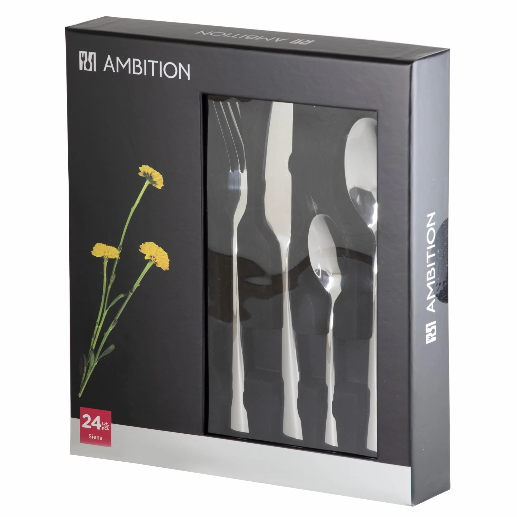 AMBITION Komplet Sztućców Siena 24 Elementy Stal Nierdzewna Srebrny Lustrzane Wykończenie 6 Osób Gift Box