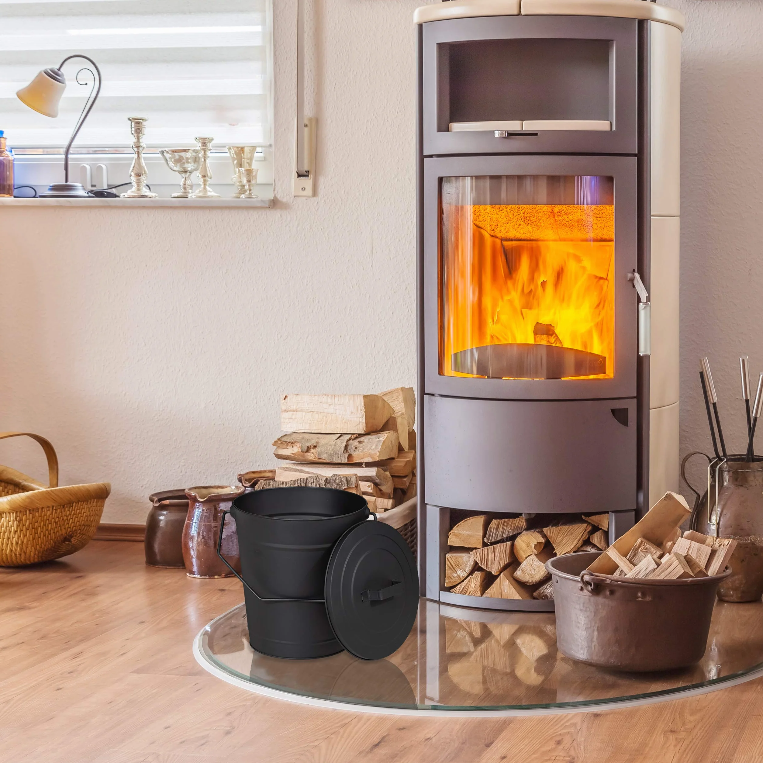 Relaxdays Wiadro na popiół z pokrywą 12 litrów stal czarny