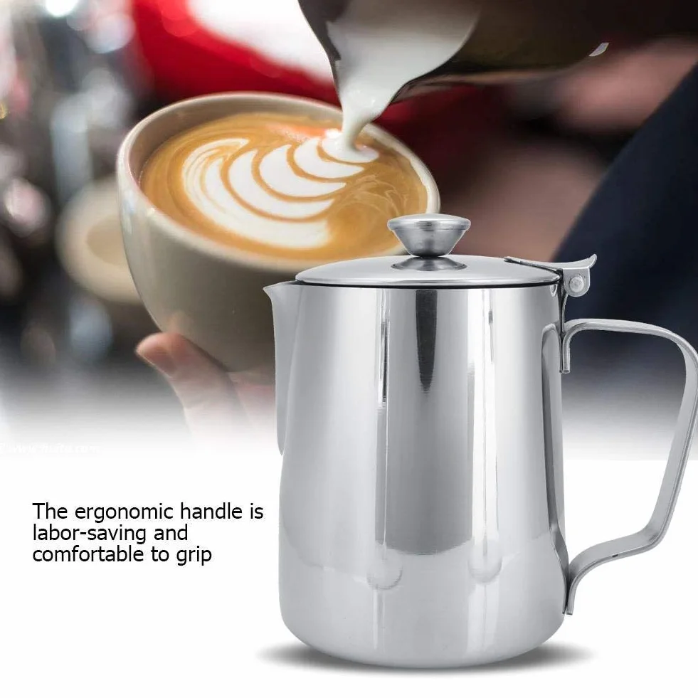 Kubek ze stali nierdzewnej z pokrywką, bez dyszy kapiącej, kubek do kawy, kubek na mleko do kawiarni Latte Art i każdego innego miejsca (rozmiar: 350 ml)