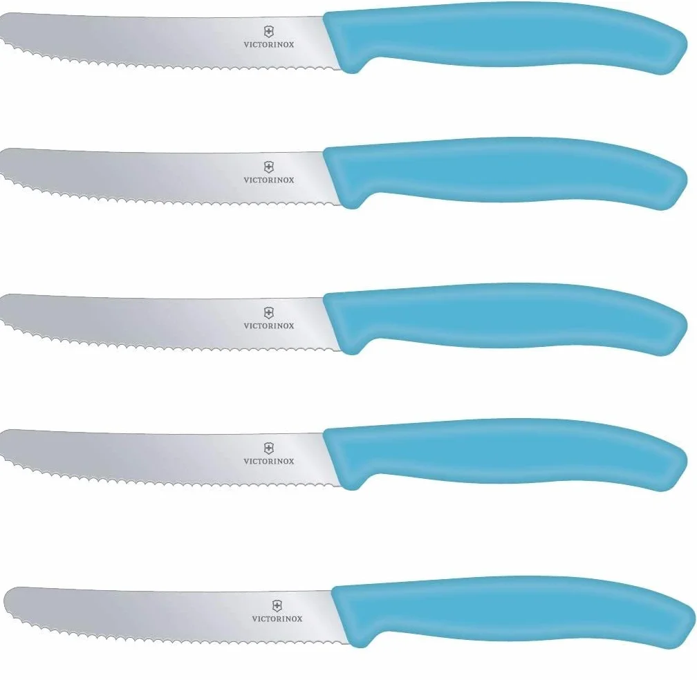 Victorinox Nóż do pomidorów, nóż do bułek, nóż stołowy, zestaw 5-częściowy, Swiss Classic (karaibski niebieski)