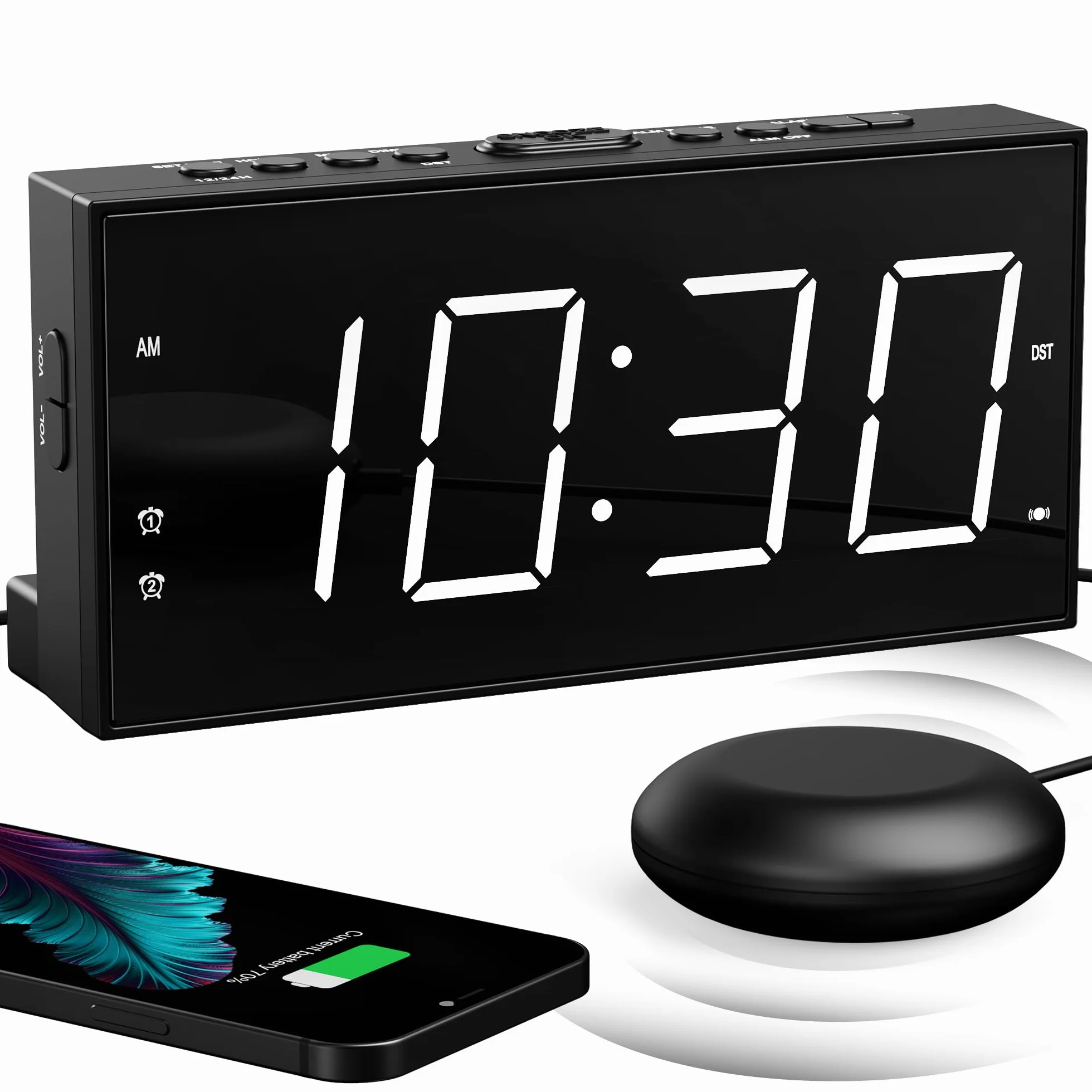 Mesqool Głośny budzik wibracyjny z funkcją spania dla niesłyszących, podwójny alarm, USB, duży wyświetlacz, 12/24h