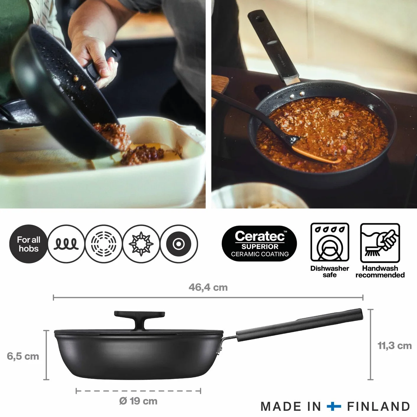 Fiskars Patelnia do smażenia z pokrywką, Hard Face, średnica 24 cm, pojemność: 2,2 litra, odpowiednia do wszystkich płyt grzewczych, powłoka nieprzywierająca, odporna na zarysowania, 1075528
