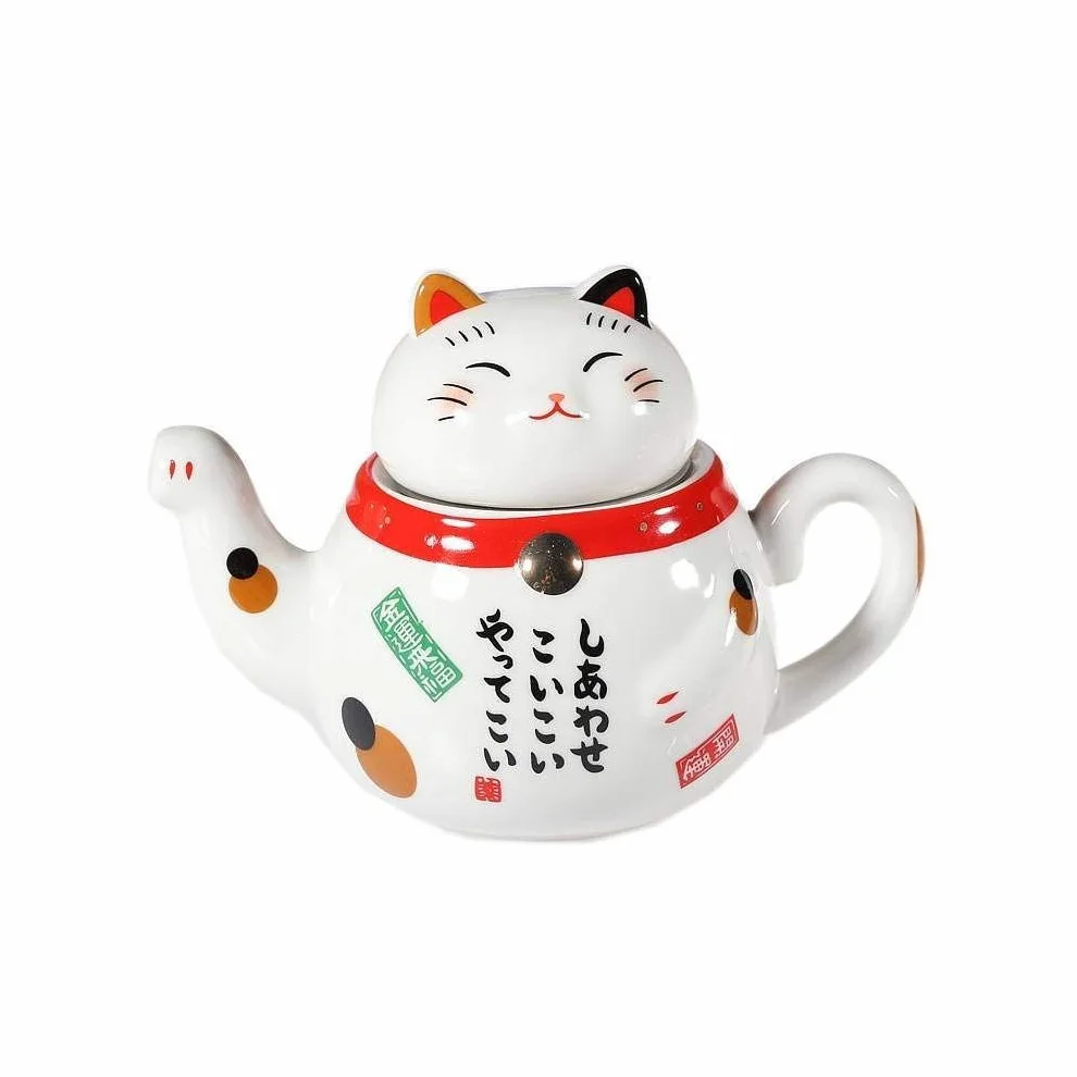 Japoński serwis do herbaty Maneki Neko – dzbanek z sitkiem i filiżanka z porcelany – prezent na urodziny