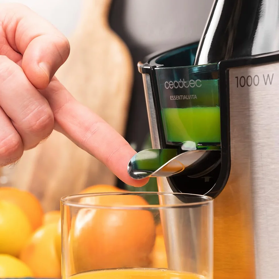 Cecotec Elektryczna wyciskarka do cytrusów do pomarańczy EssentialVita PowerFresh 1000 Inox, 1000 W, filtr nierdzewny, zdejmowany stożek, dźwignia naciskowa, system zatrzymania kapania, łatwa do