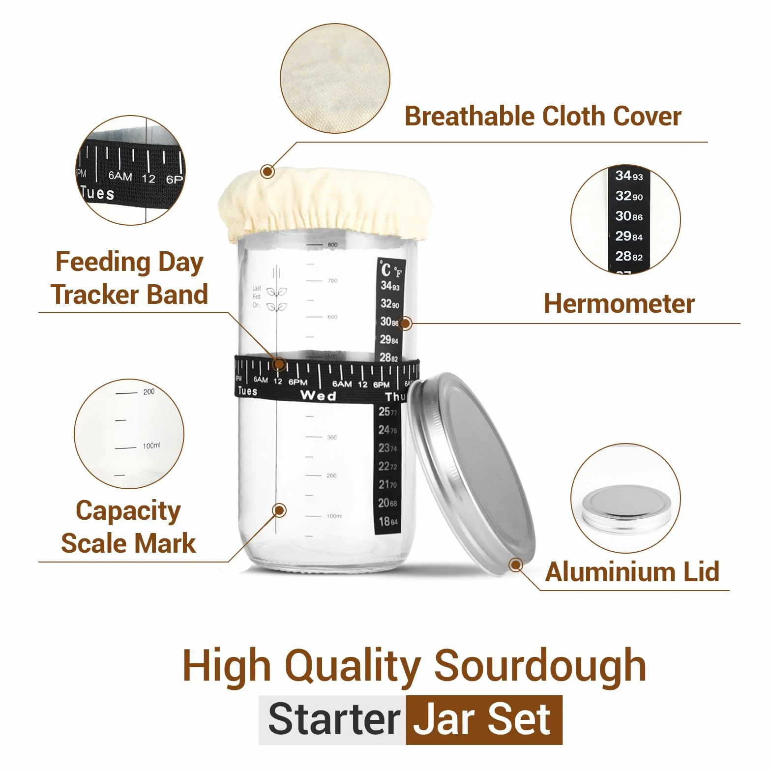 35 uncji/1000 ml słoik fermentacyjny, słoik fermentacyjny z termometrem, szpatułką silikonową, aluminiową pokrywką i taśmą do karmienia wielokrotnego użytku