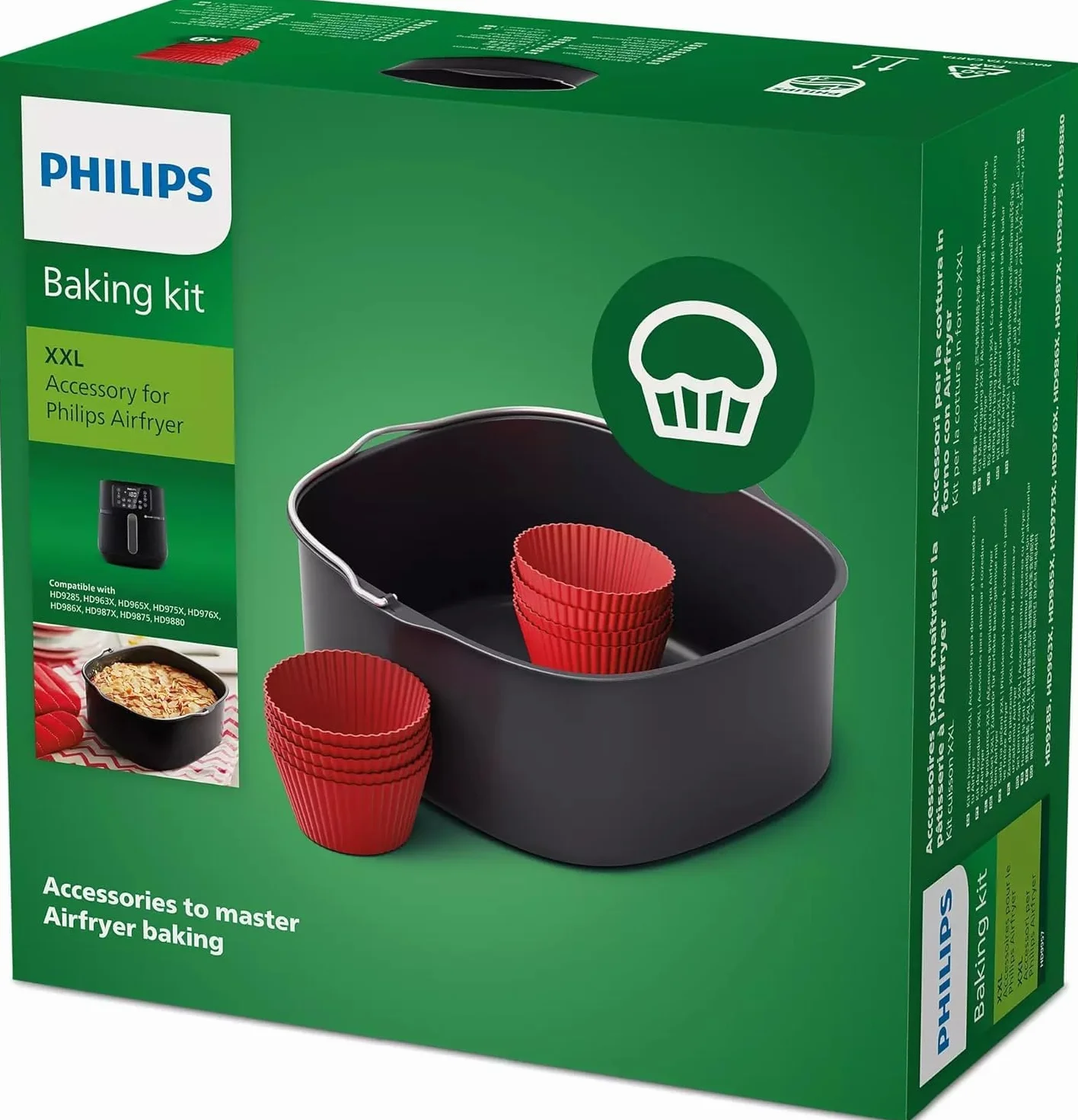 Philips Zestaw akcesoriów do pieczenia Airfryer XXL, Taca z powłoką nieprzywierającą, z 9 silikonowymi foremkami do muffinek, zmywane w zmywarce, aplikacja z przepisami, kolor czarny (HD9957/00)