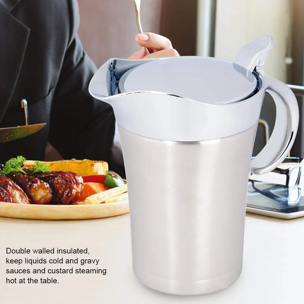 Sosjerka z pokrywką, stal nierdzewna 304, izolacja termiczna, podwójna ścianka, sos, łódź, dzbanek do serwowania, łatwy do nalewania (750 ml)