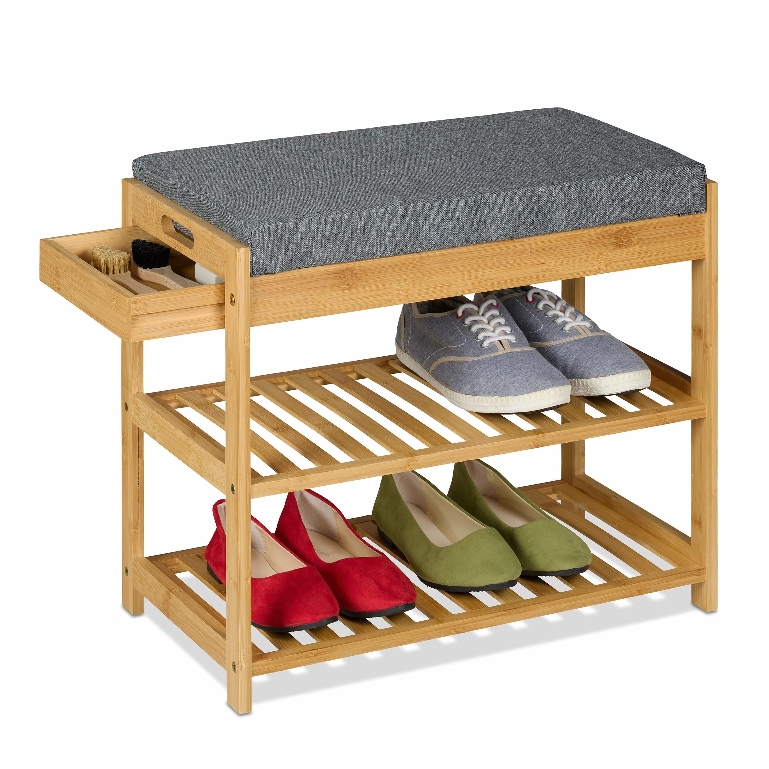 Relaxdays Ławka na buty, ławka tapicerowana z półką na buty, 2 poziomy, szuflada, (wys. x szer. x gł.): 49 x 55 x 30 cm, bambus i len, kolor naturalny/szary