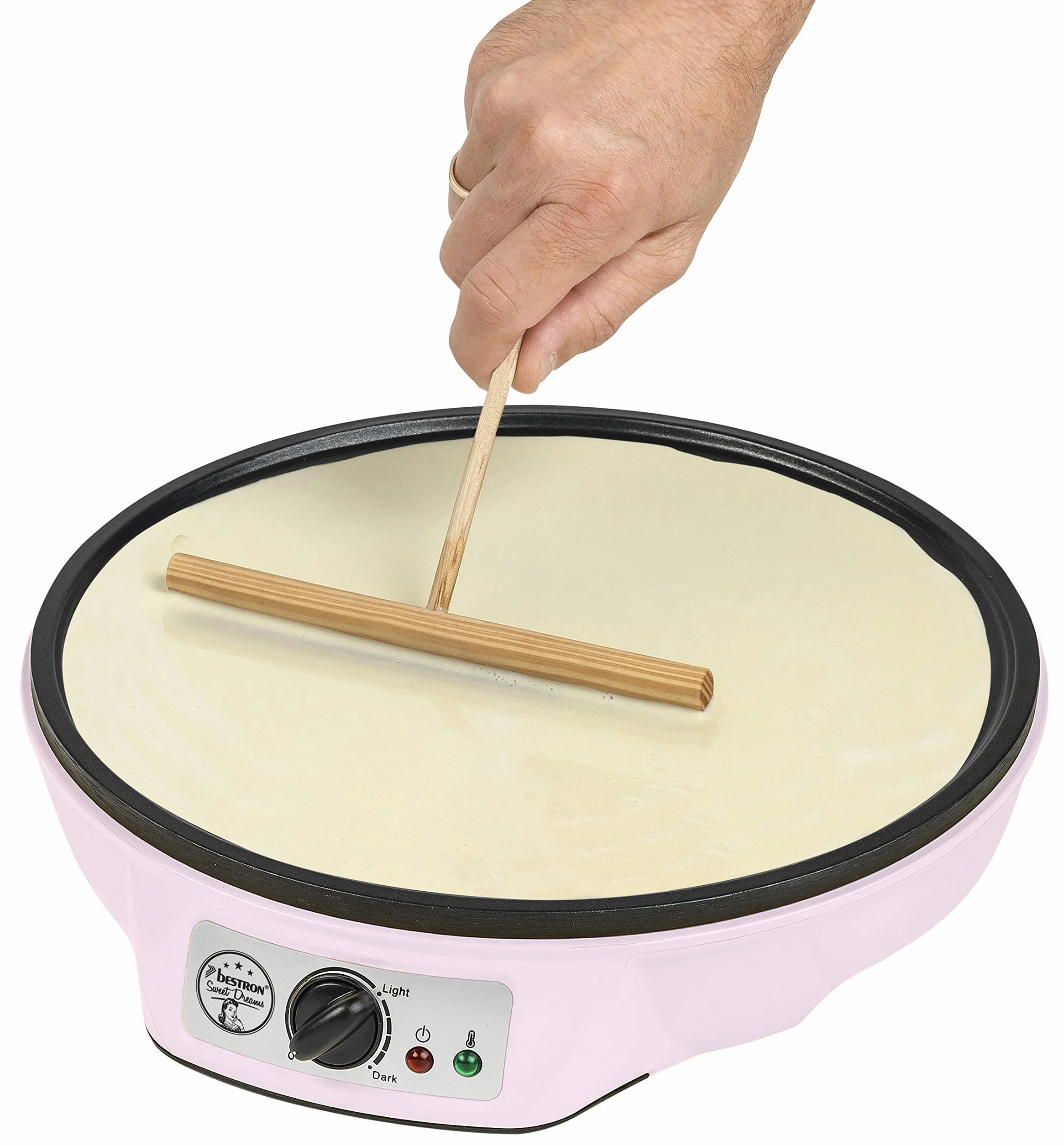 Bestron Crepes Maker, Urządzenie do robienia naleśników o średnicy 30 cm, w komplecie Rozdzielacz do ciasta i łopatka do przewracania naleśników, z powłoką nieprzywierającą, Kolor: Różowy