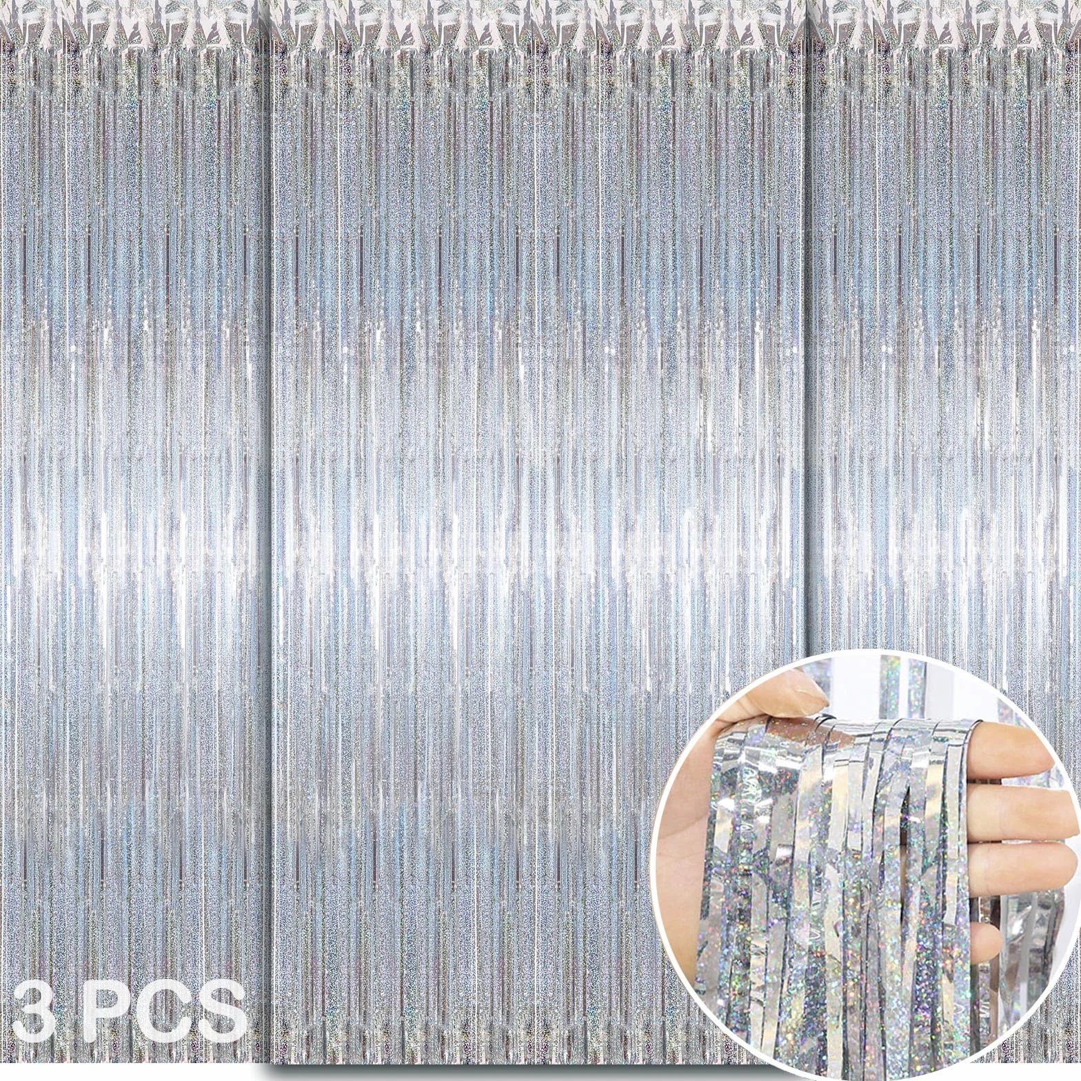 WD&CD Srebrne zasłony foliowe, 3 szt., 1 x 2 m, srebrne serpentyny, brokatowe frędzle, do dekoracji imprezowych