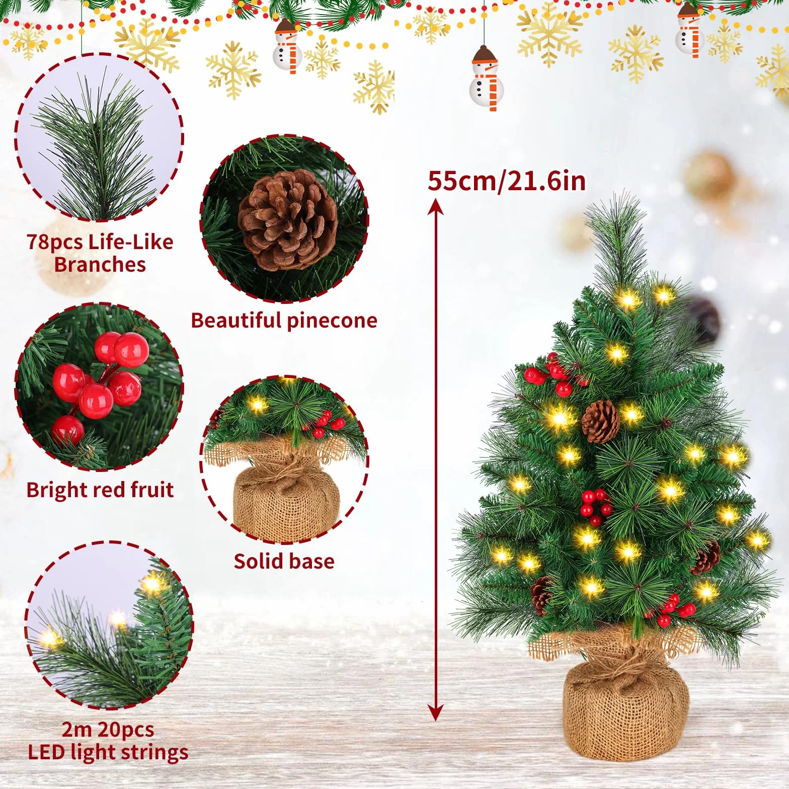 Sztuczna choinka z oświetleniem LED 55 cm mini na stół zielona dekoracja bożonarodzeniowa