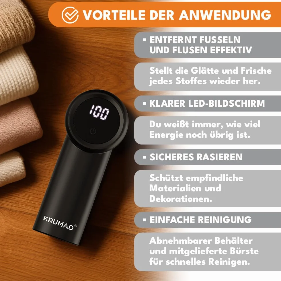 KRUMAD Golarka do ubrań elektryczna z wyświetlaczem LED – 6-ostrzowa golarka do tkanin z 3 prędkościami – Bezprzewodowy odmechacz z akumulatorem 1200 mAh – Usuwacz kłaczków i włosów