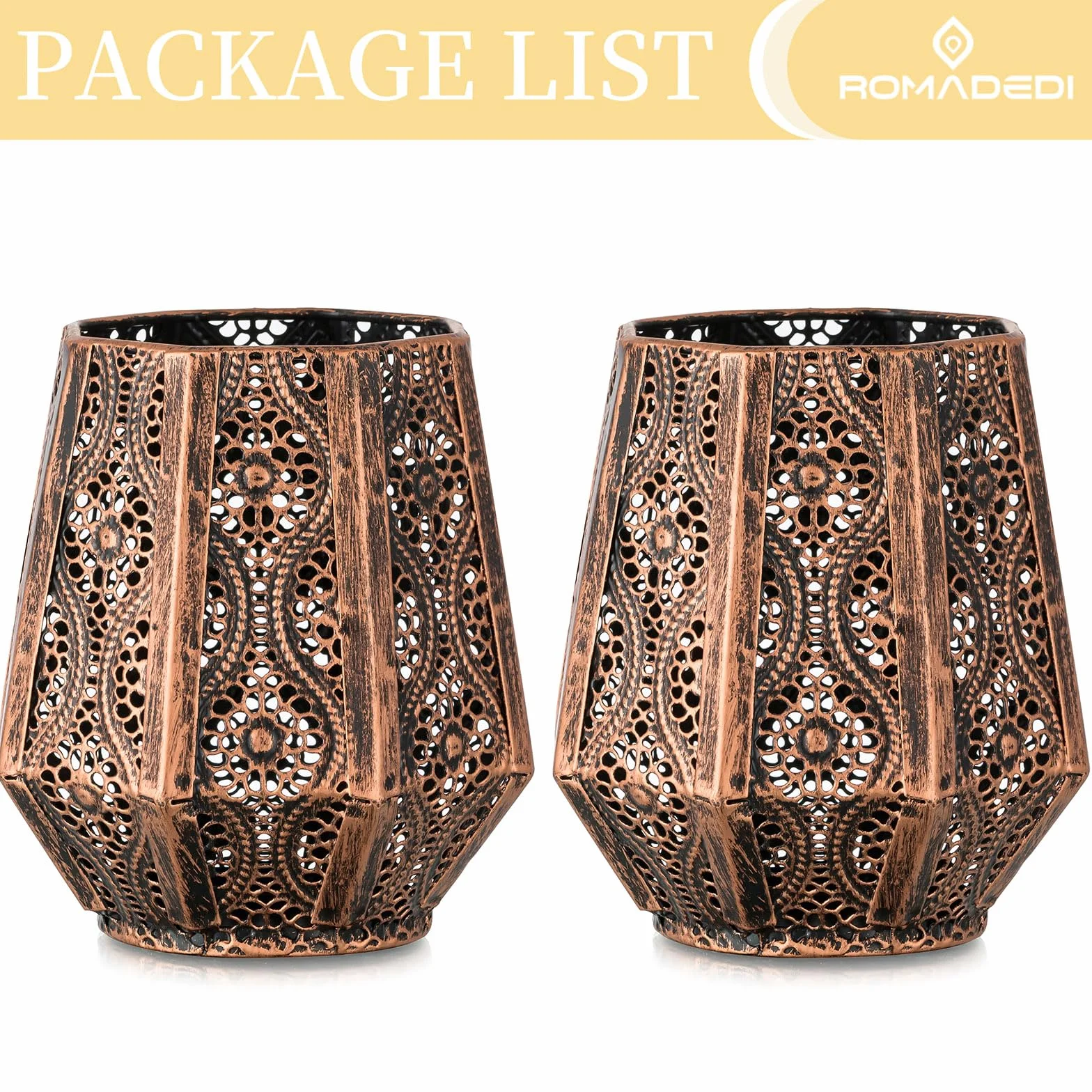 Romadedi Orientalna latarnia - zestaw 2 sztuki, brązowa, orientalny świecznik metalowy, dekoracja do świec stojących, świeczki typu tealight, świeczki do salonu, dekoracja stołu, łazienka, sypialnia