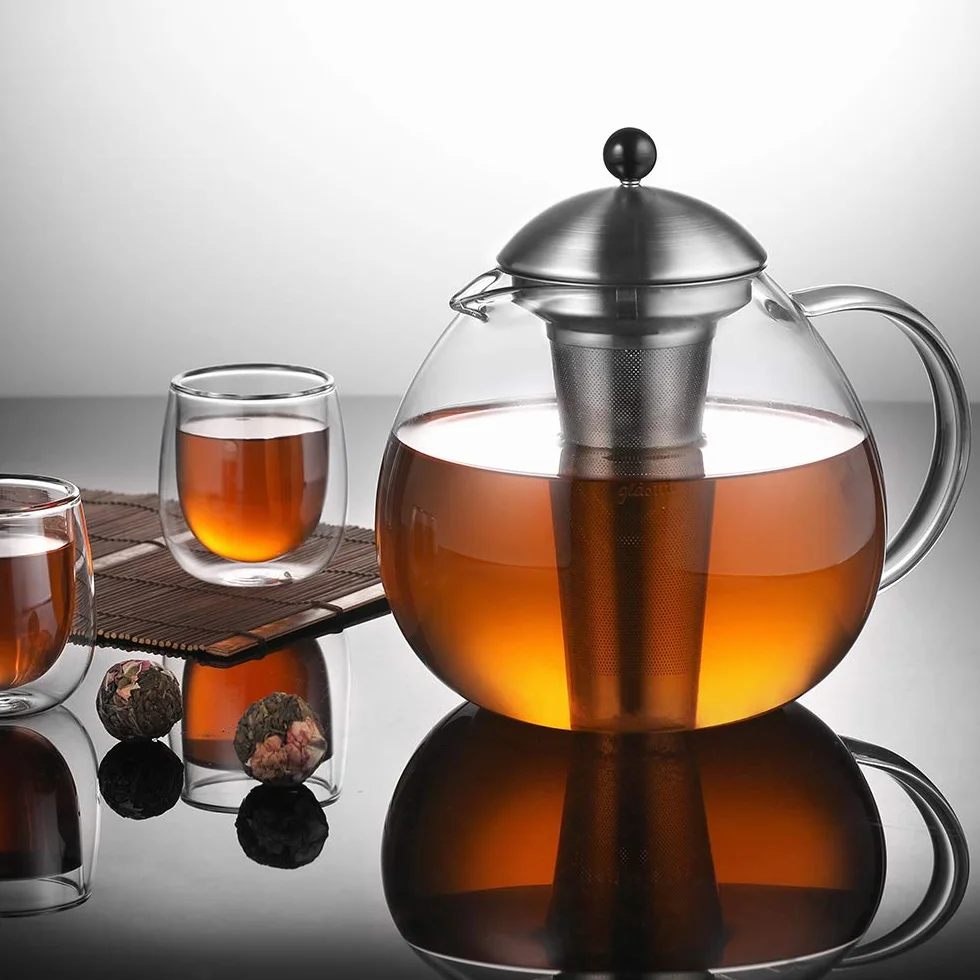 glastal Szklany dzbanek do herbaty o pojemności 2000 ml, z sitkiem ze stali nierdzewnej 18/8, srebrne elementy, dzbanek ze szkła borokrzemowego z wyjmowanym sitkiem do herbaty