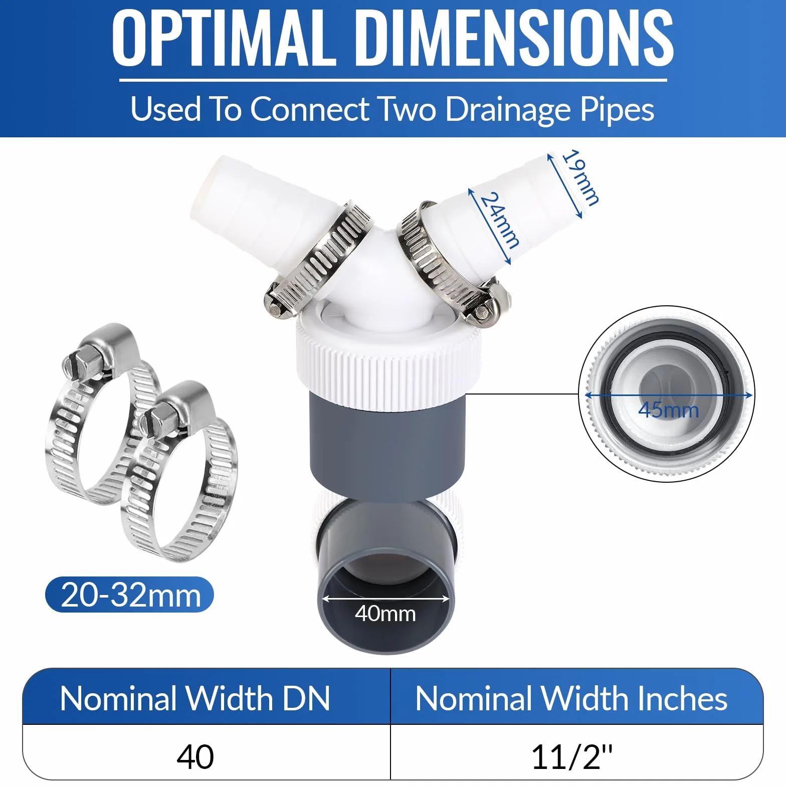 Adapter Odpływu do Pralki i Zmywarki, Podwójne Złącze Y do Węża Ø40 mm i Wejścia Ø18-24 mm, Adapter PVC, Akcesorium Odpływowe