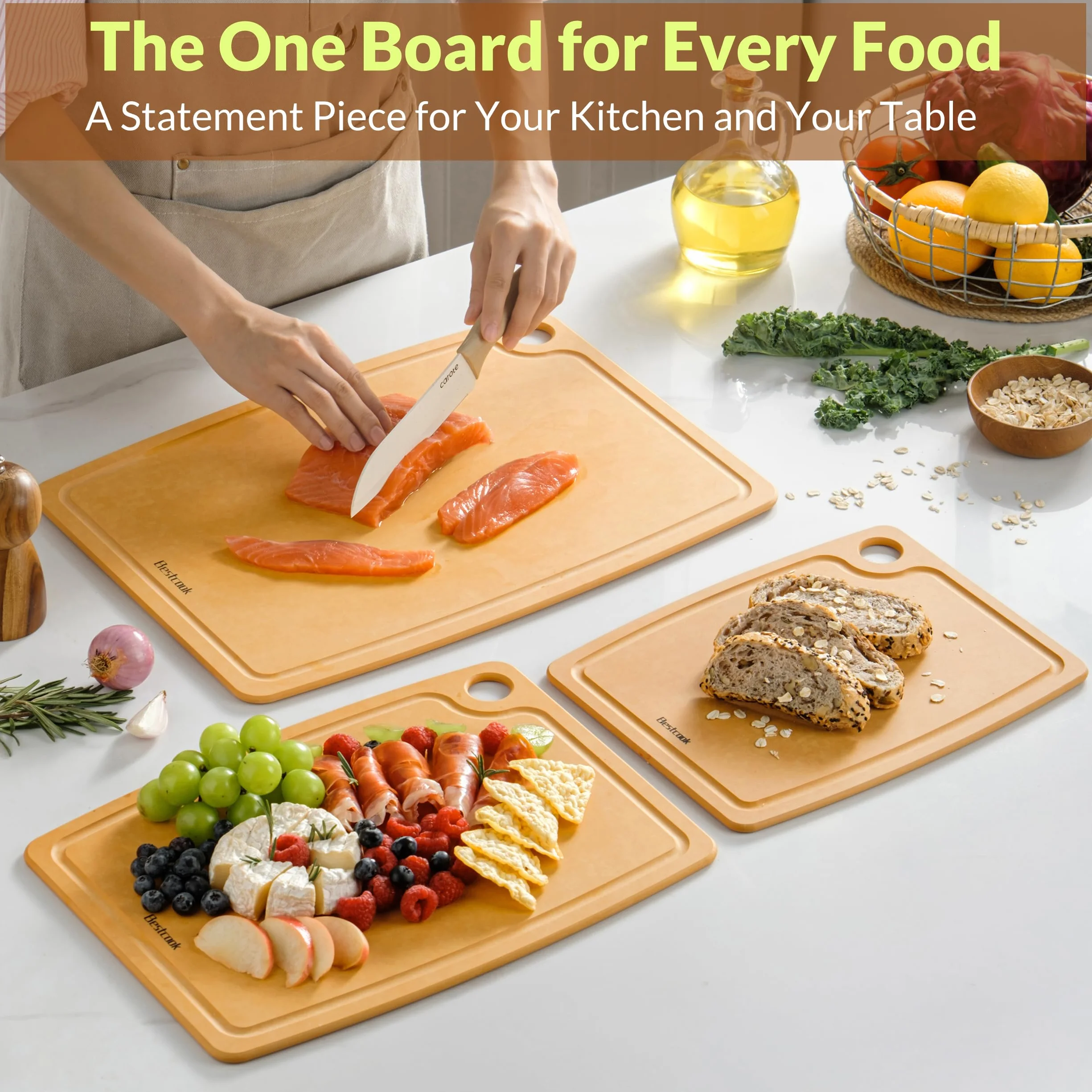 BESTCOOK Deska do krojenia z włókna drzewnego do kuchni, bez BPA, dwustronna, trwała, z rowkiem na sok, nieporowata, nadaje się do mycia w zmywarce, antypoślizgowa, przyjazna dla noża, do mięsa