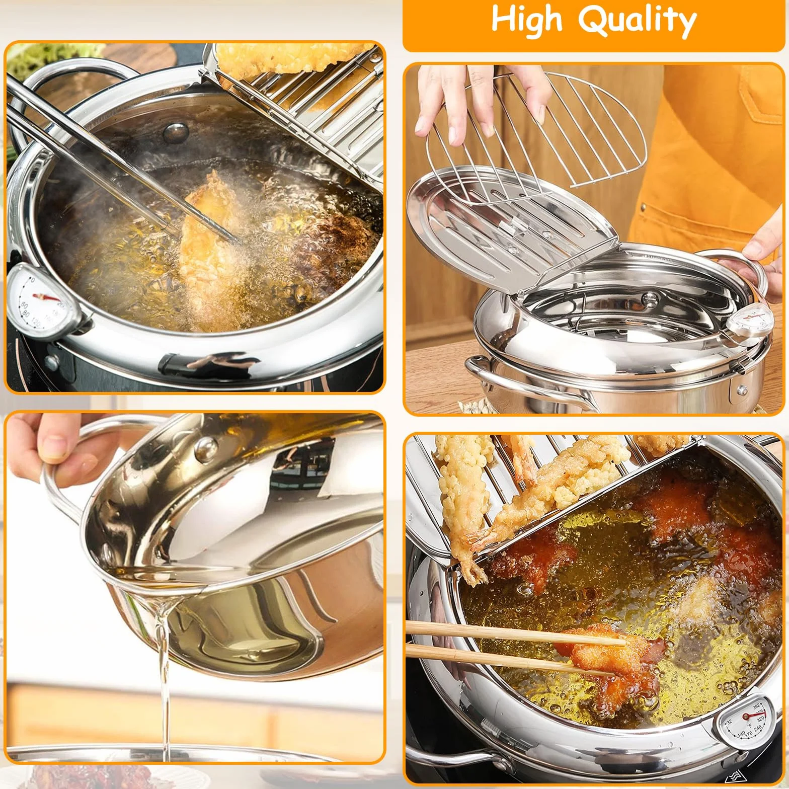 Garnek do smażenia ze stali nierdzewnej 304, japońska frytkownica z termometrem 24 cm