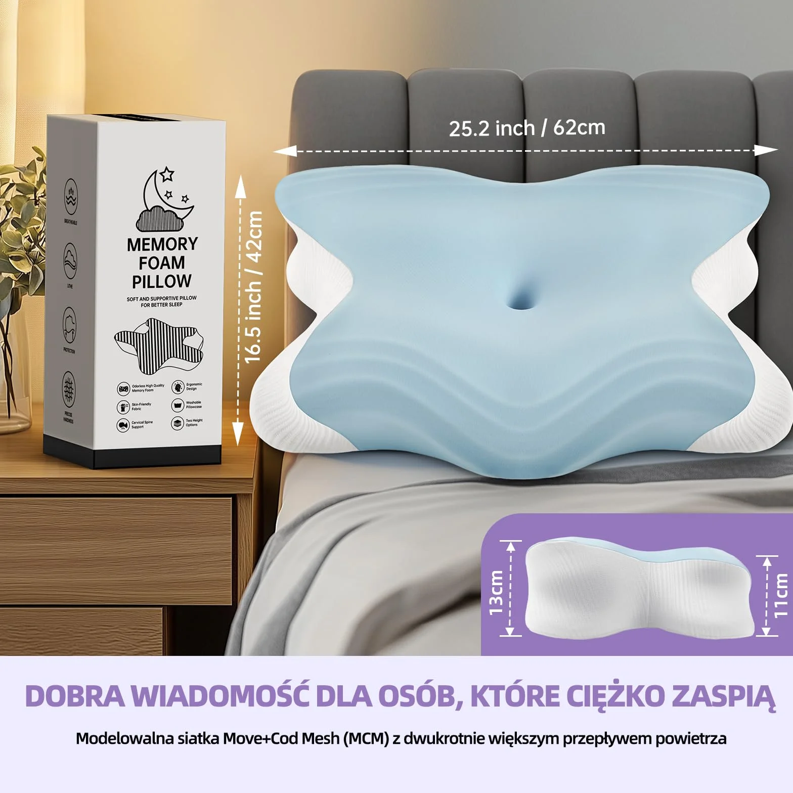Ortopedyczna poduszka z pianki memory 2 w 1 62cm x 42cm x 13/11cm Błękit nieba