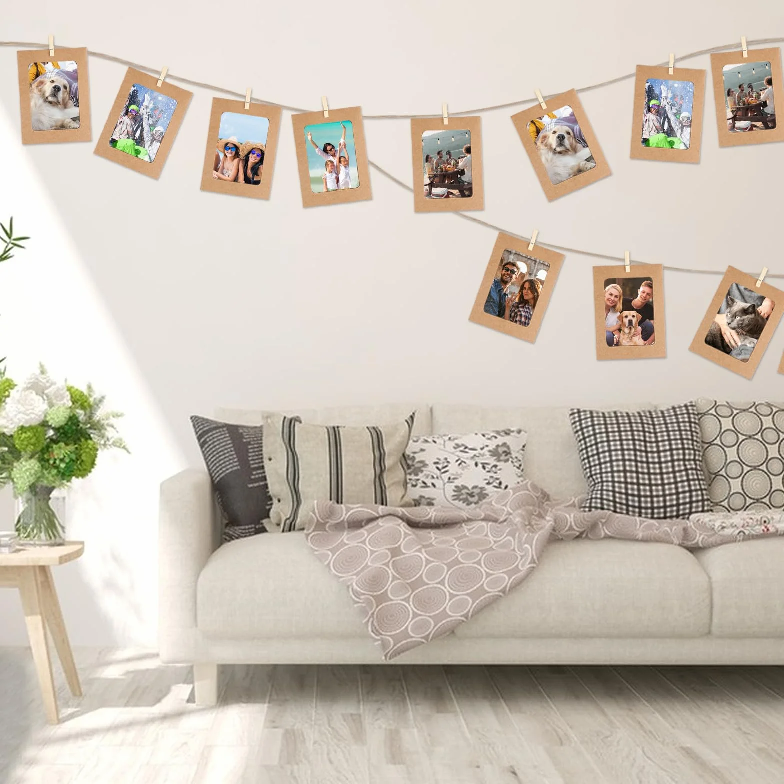 Papierowe ramki na zdjęcia kraft 15,2x11,5 cm zestaw 30 szt. z drewnianymi klamerkami i liną