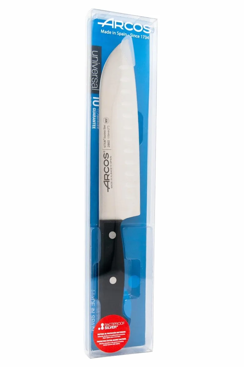 ARCOS Noże Santoku i ze stali. Japoński ostry nóż do ryb, mięsa i warzyw. Ergonomiczna rękojeść z i ostrze o długości 170 mm. Seria Universal. Kolor czarny.