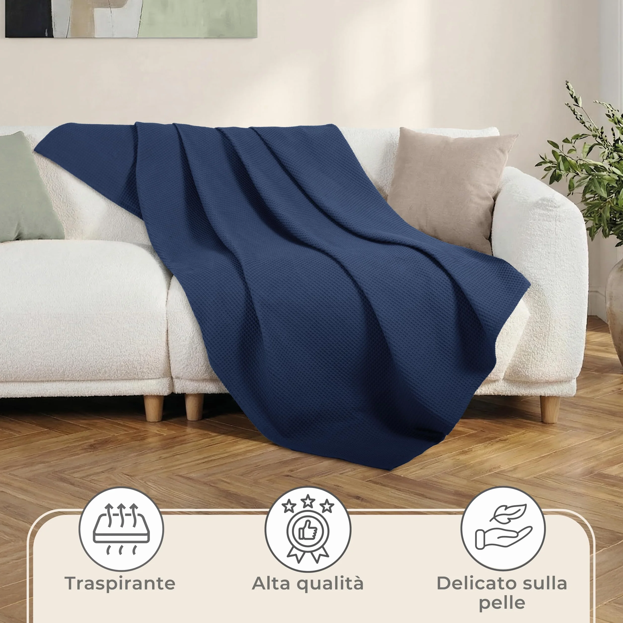 LAYNENBURG narzuta klasy premium, 150 x 200 cm, 100% bawełny o strukturze waflowej, lekkie nakrycie letnie, bawełniana narzuta na łóżko, sofę, niebieska