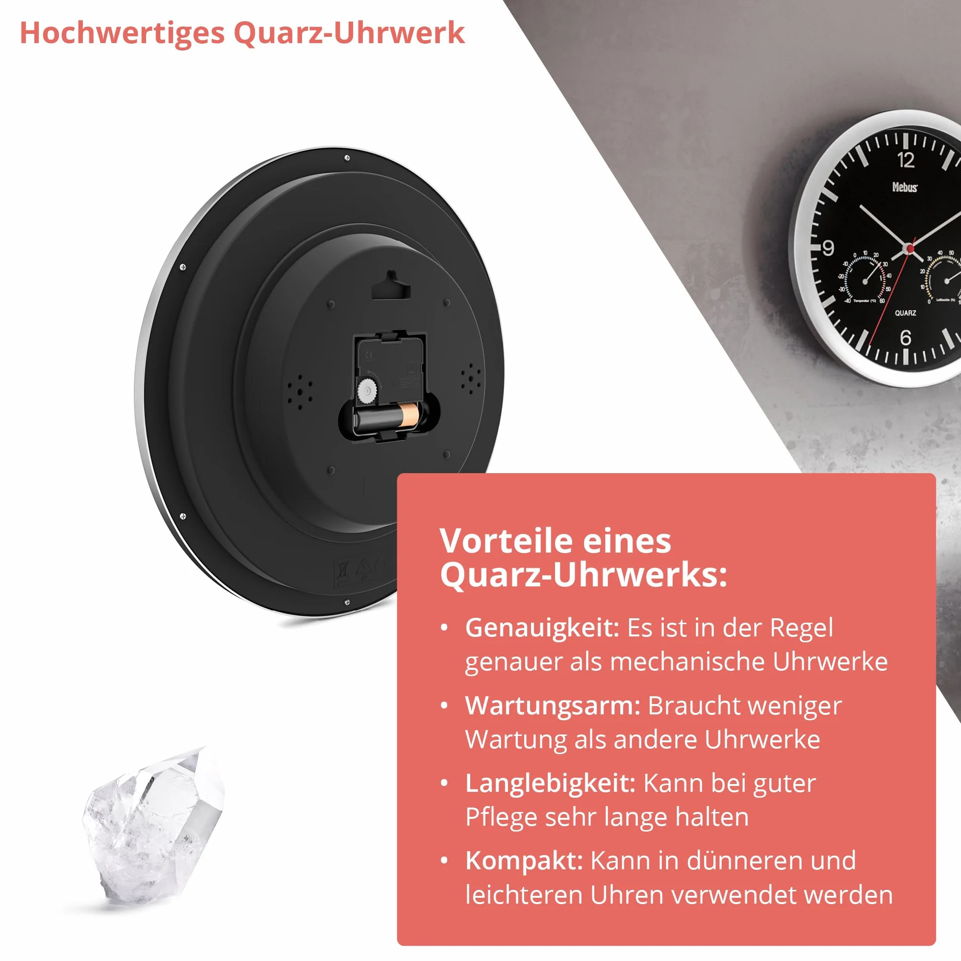 MEBUS Quarz-Wanduhr mit Thermometer und Hygrometer/silberner Rahmen/schwarzes Zifferblatt / 25cm Durchmesser/Rund/Modell: 56731 / Farbe: Silber, Schwarz
