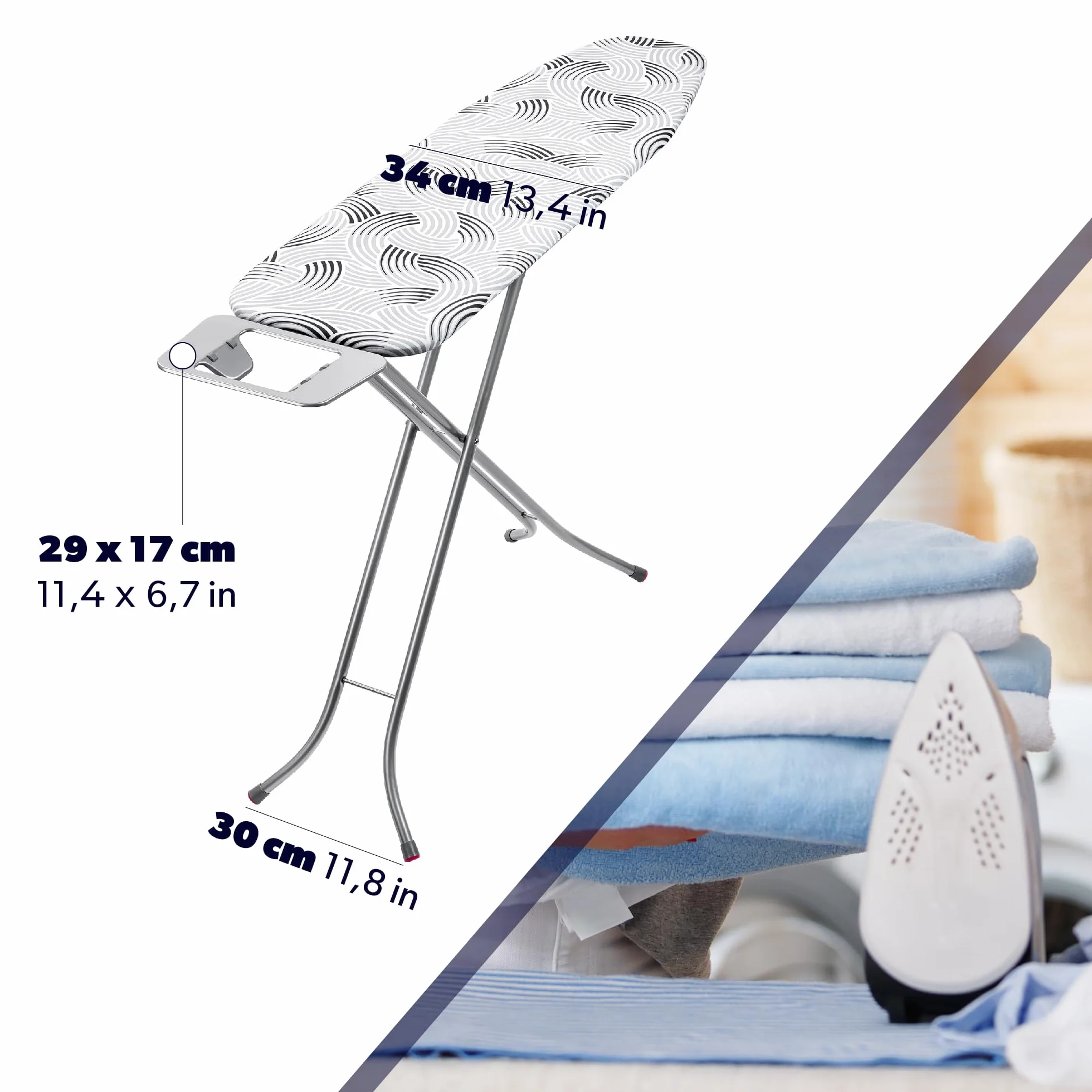 KADAX Deska do prasowania 114 x 34 cm do żelazek parowych z półką na żelazko i 5 mm podkładem, metalowa siatka odprowadza parę, antypoślizgowe stopki zapobiegają przesuwaniu