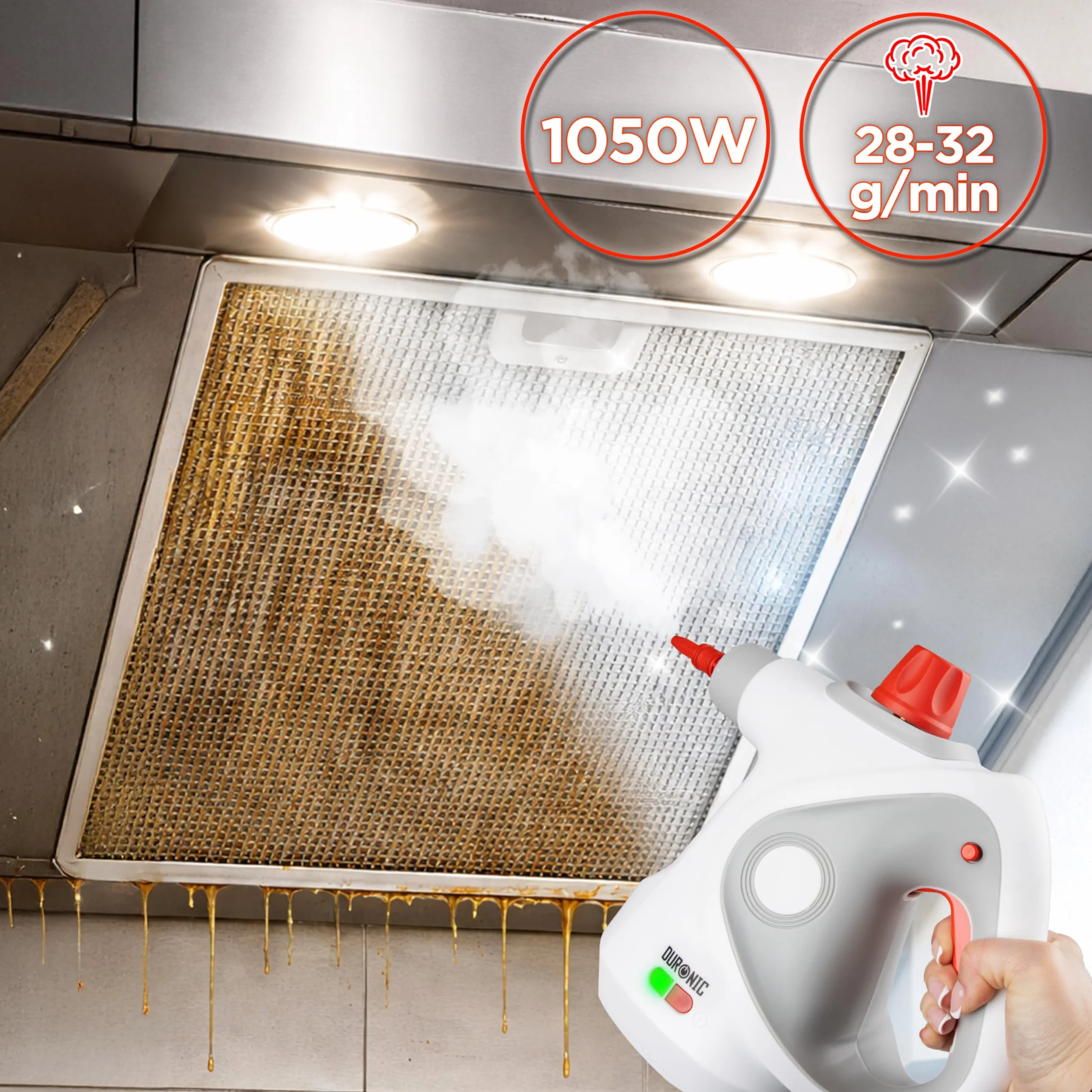 Duronic SC32 WE Myjka parowa ciśnieniowa do sprzątania do 350 ml ręczna wielofunkcyjna parownica do domu, okien, tapicerki, biała, czyścik parowy