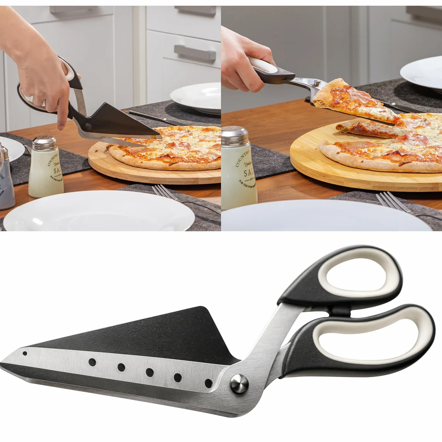 COM-FOUR® Nozyczki do pizzy z powierzchnia do serwowania, nozem do pizzy z ostrzami ze stali nierdzewnej i zintegrowana lopata do pizzy (1x nozyczki do pizzy 27 cm)