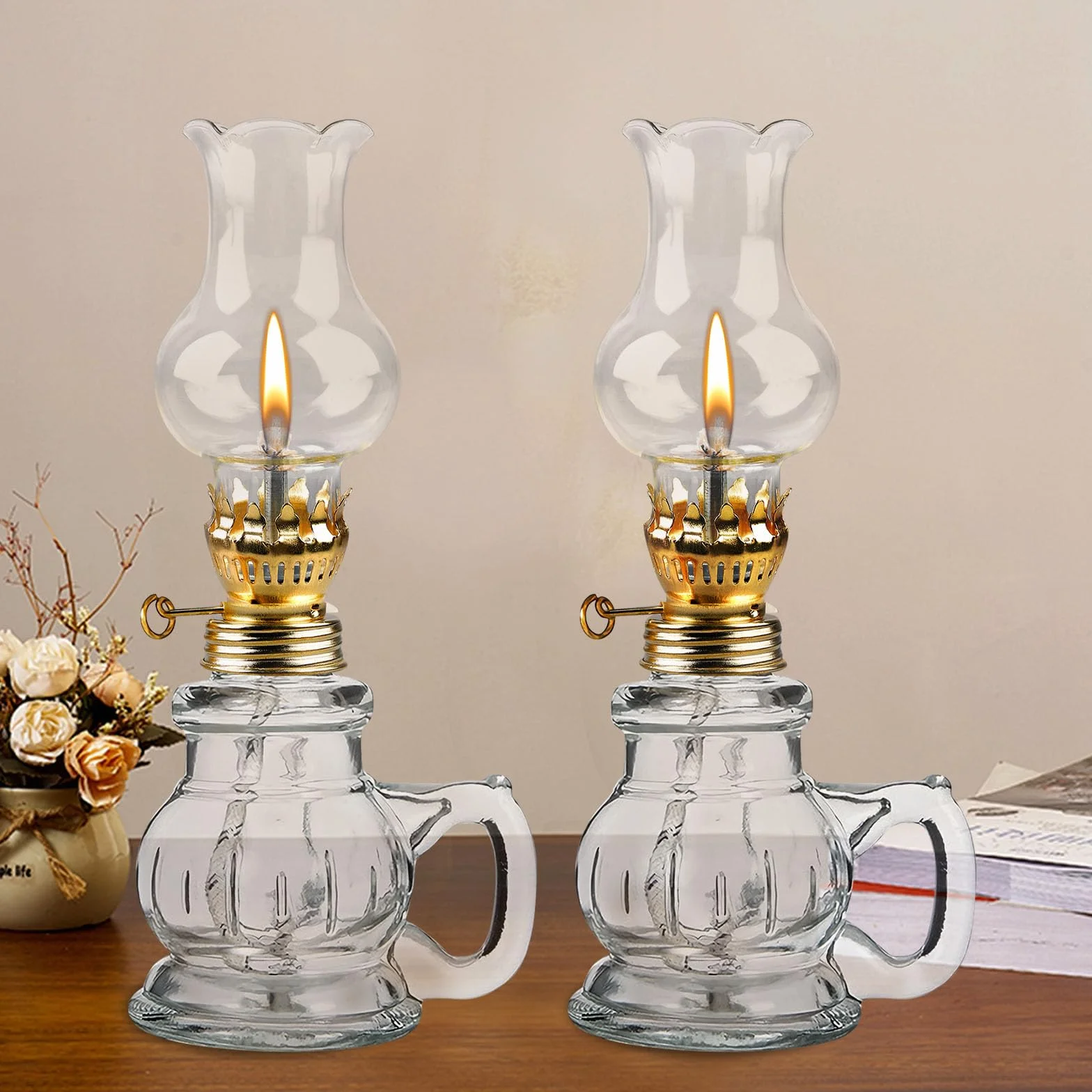 Wewnętrzna Lampa Olejowa - 2 Sztuki Przezroczystej Szklanej Lampy z Regulowaną Jasnością, Retro Nostalgiczna, Wiatroszczelna Dekoracyjna do Salonu, Jadalni, Awaryjnego